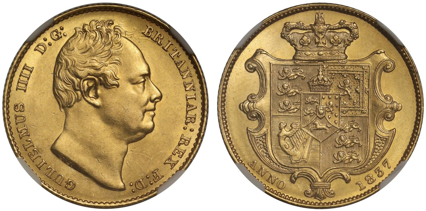 William IV 1837 Sovereign second head MS62, ex Bentley Collection