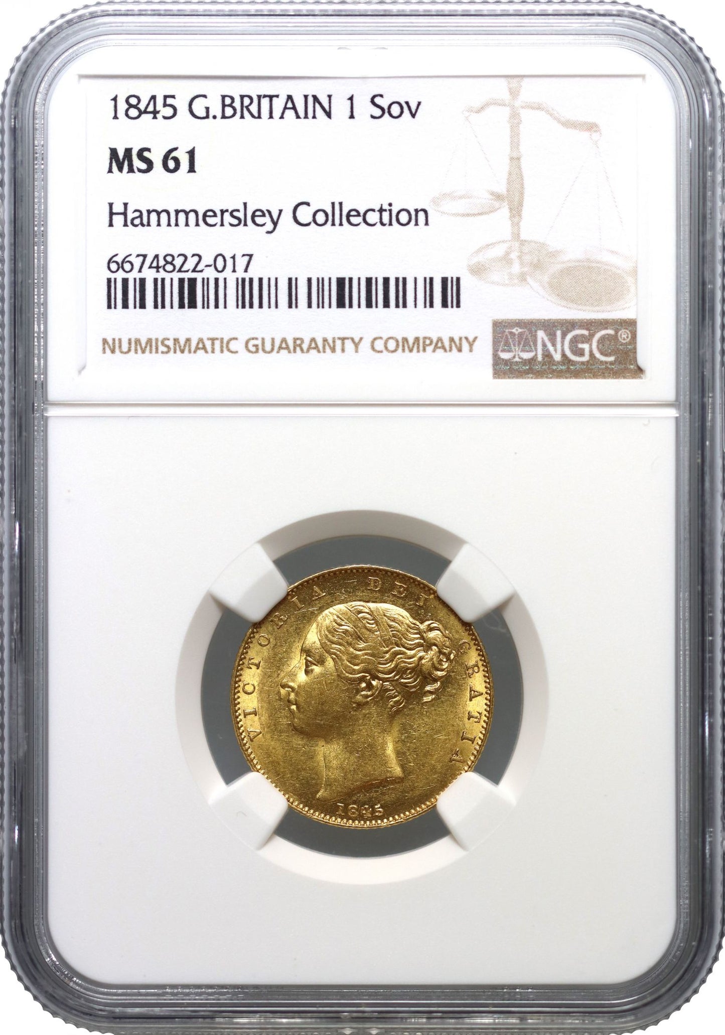 Victoria 1845 Sovereign, with 4 of date struck over inverted 4, MS61 finest graded