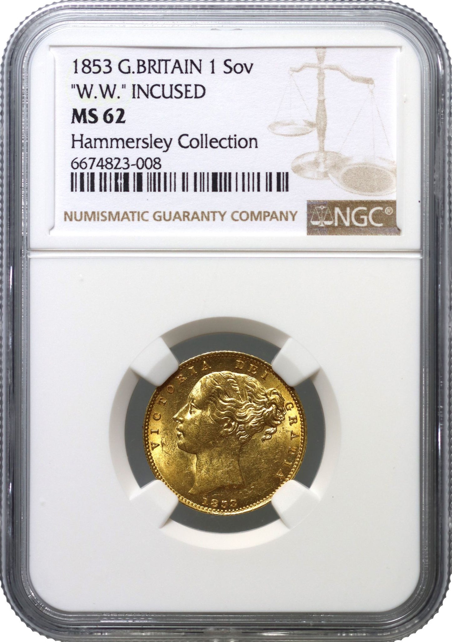 Victoria 1853 Sovereign W.W. incuse on truncation NGC MS62 - joint 3rd finest
