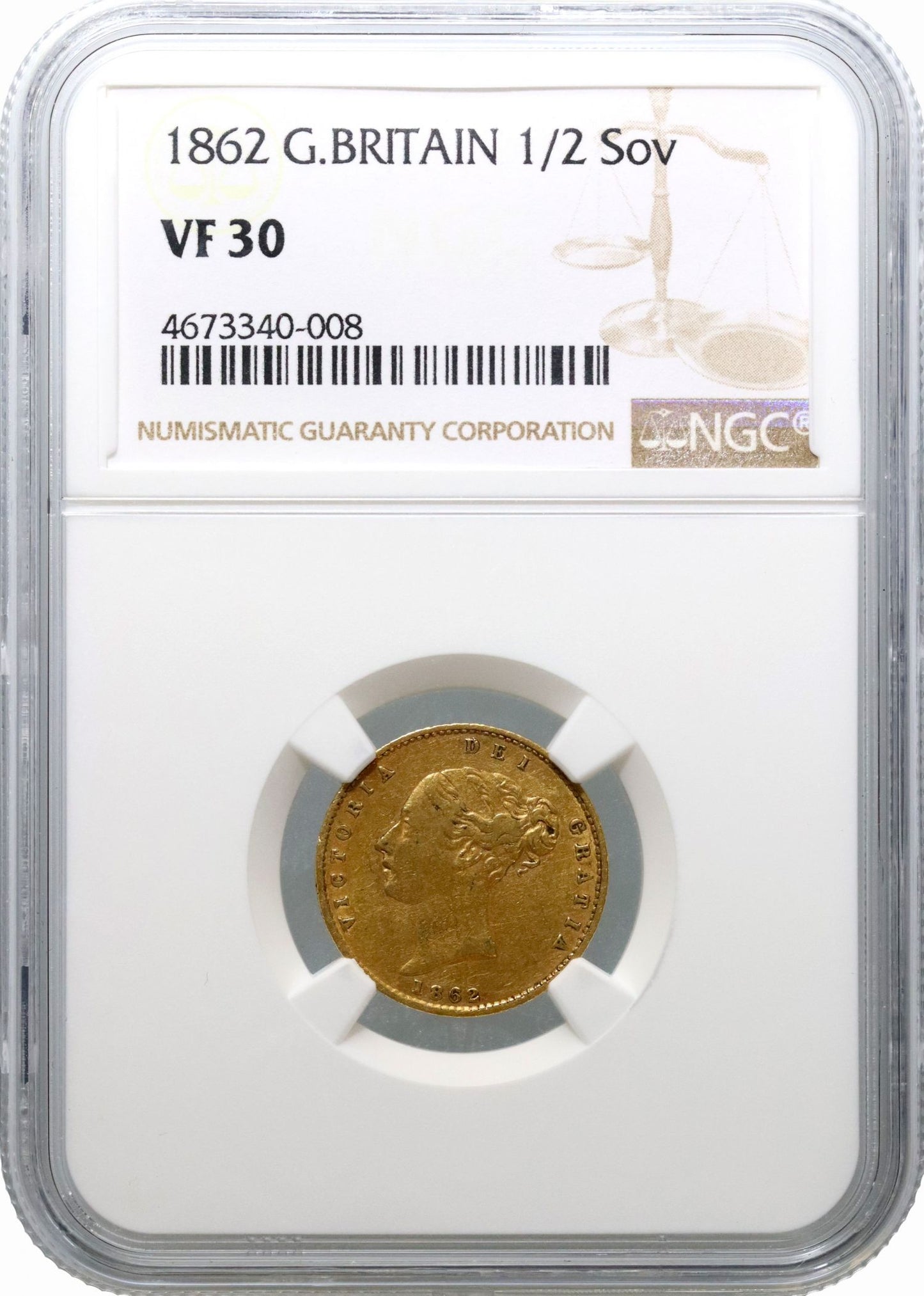 Victoria 1862 Half-Sovereign, key date rarity, NGC VF30