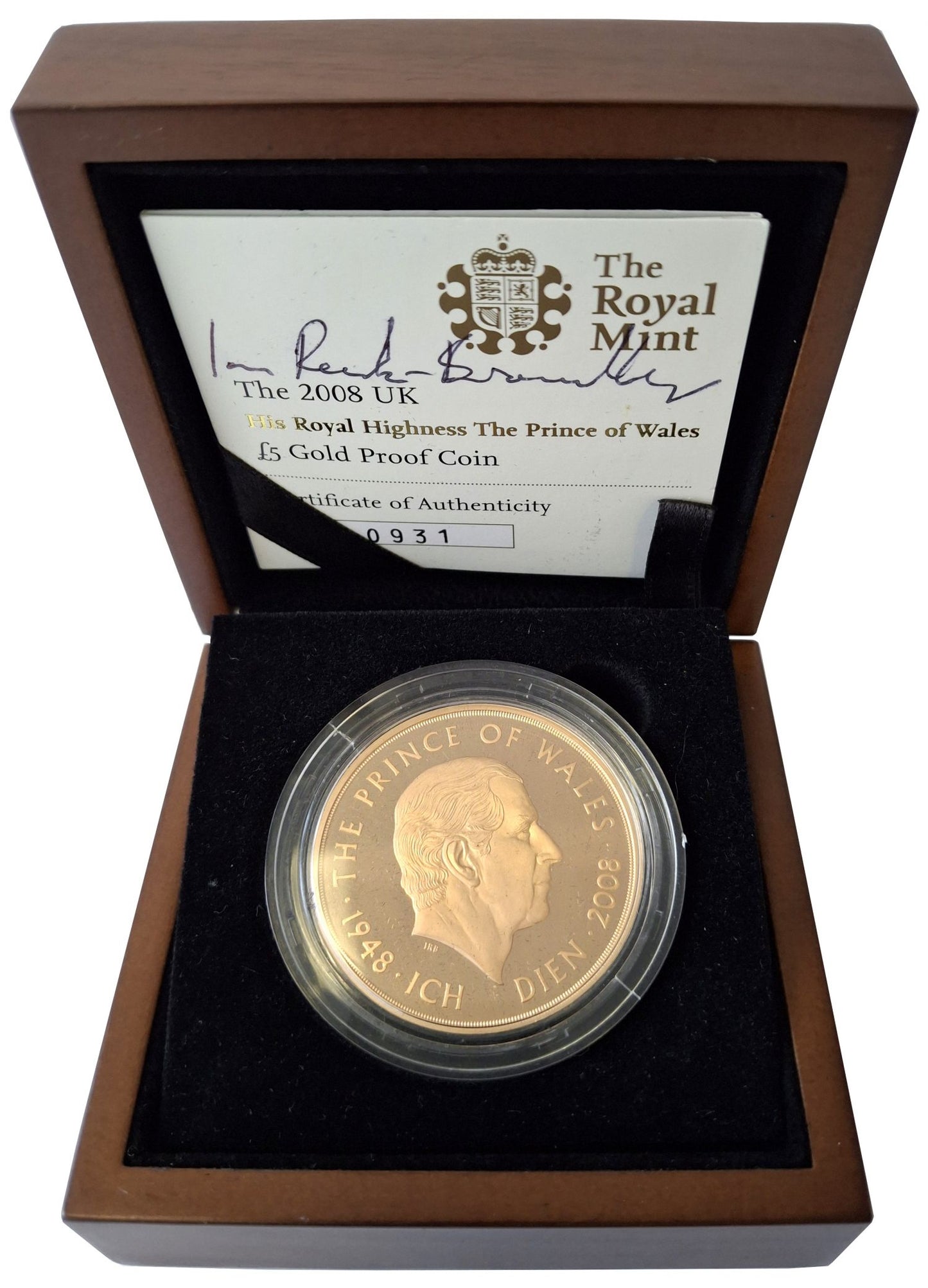 Elizabeth II 2008 proof Five-Pounds Prince Charles 60th Birthday, with IRB signed Certificate