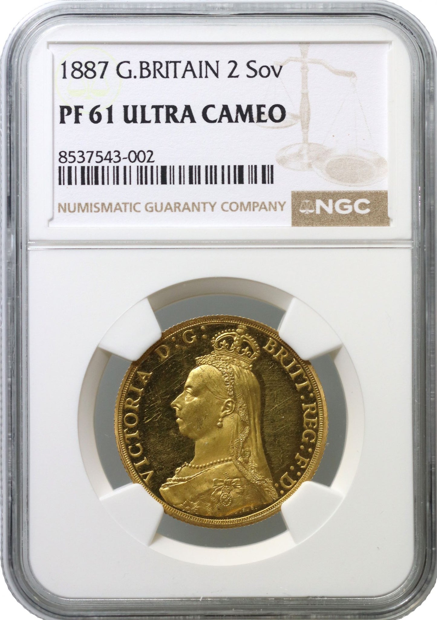 Victoria 1887 gold proof Two-Pounds, Jubilee issue NGC PF61 Ultra Cameo