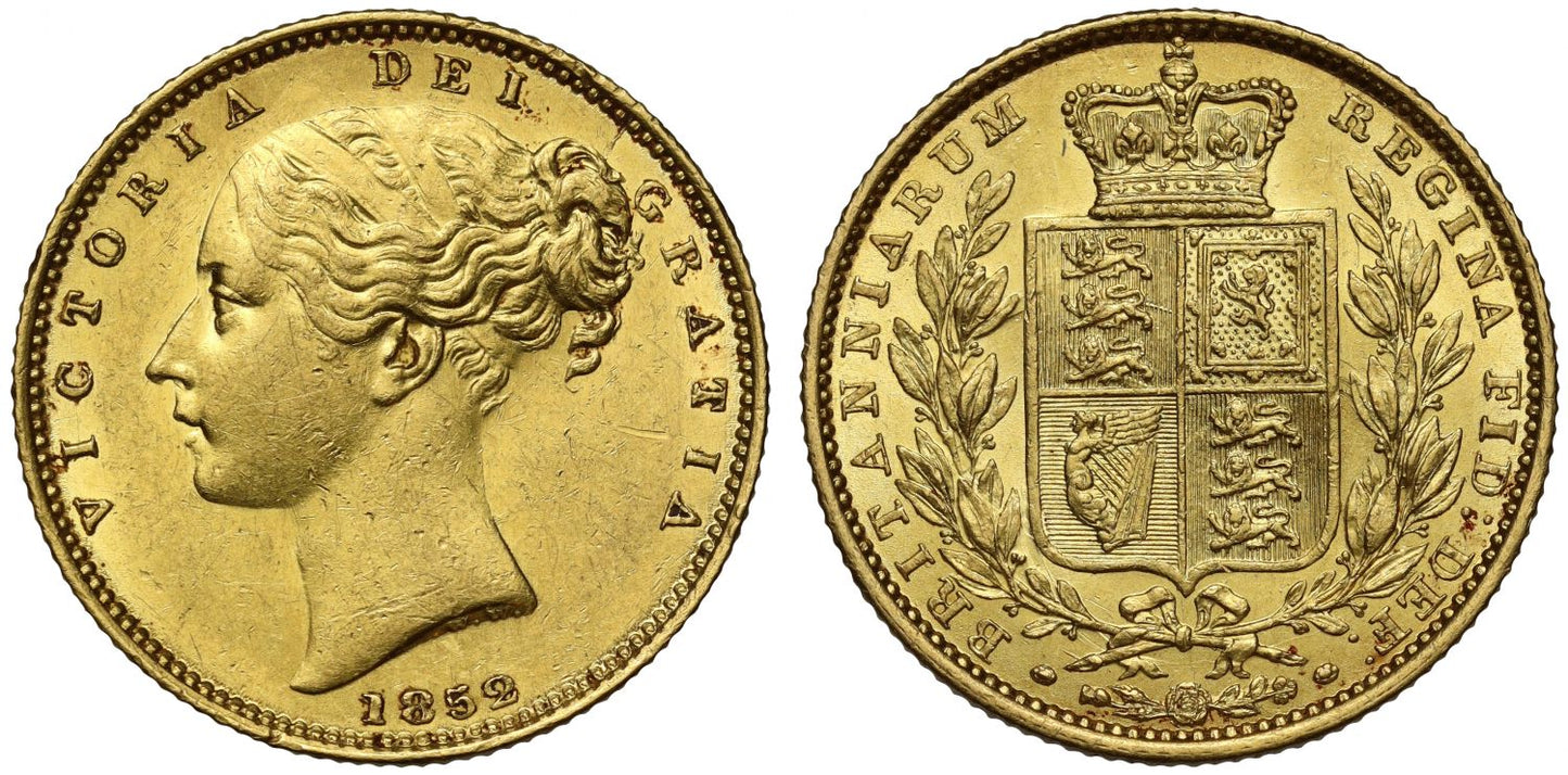 Victoria 1852 Sovereign, second young head, shield reverse