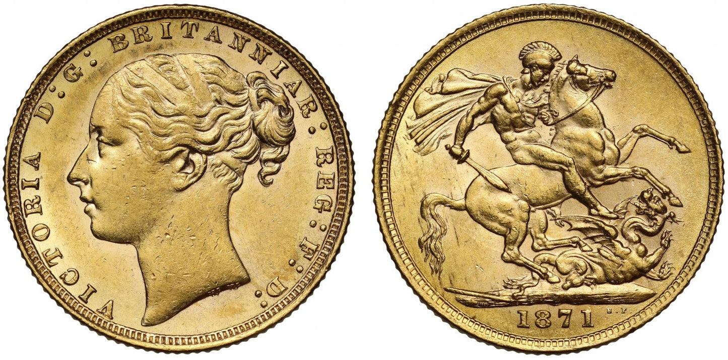 Victoria 1871 Sovereign St George reverse, long tail, small B.P.