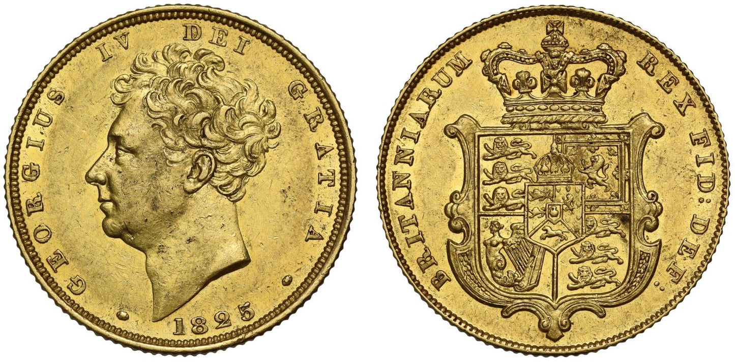 George IV 1825 Sovereign bare head, shield reverse
