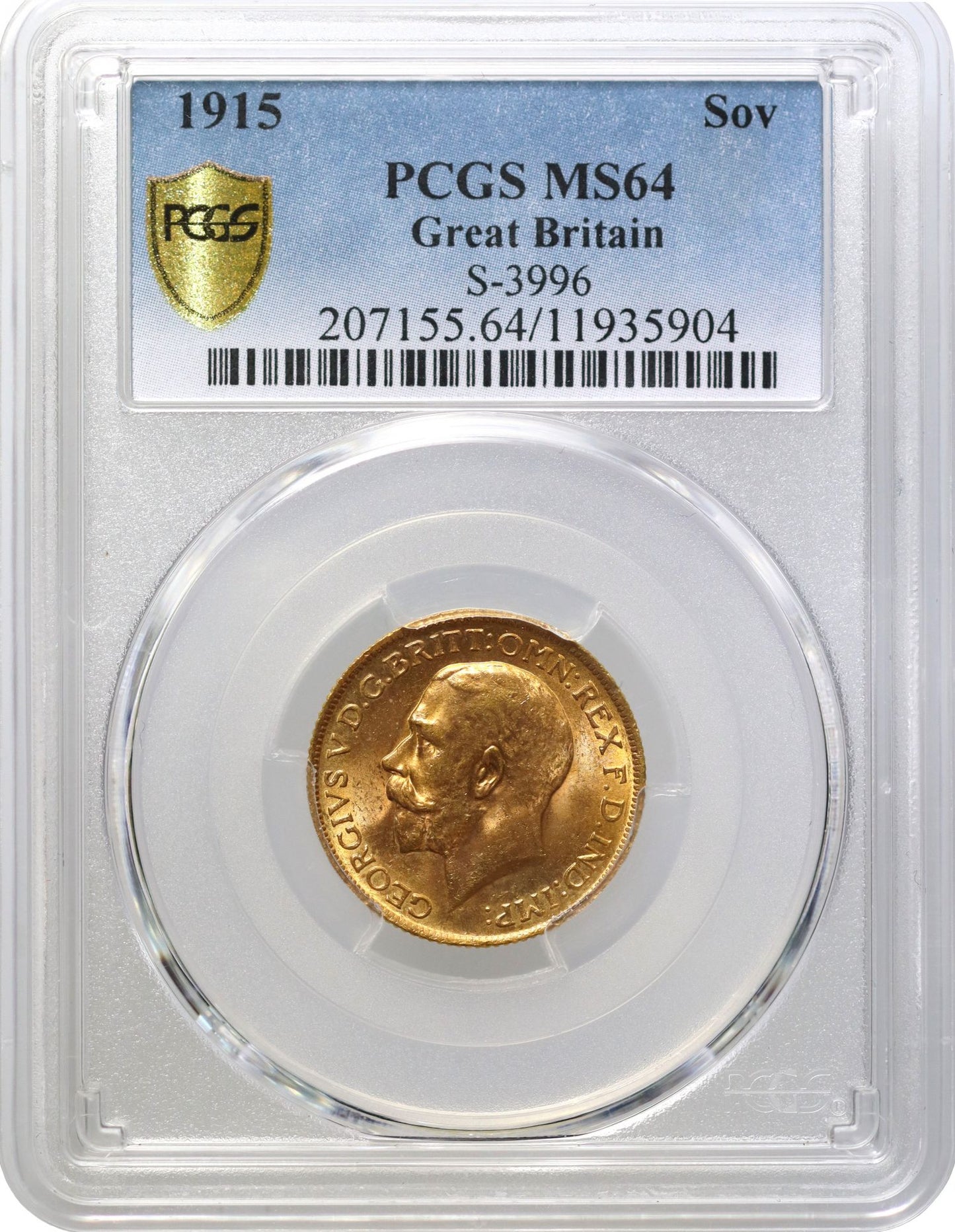 George V 1915 Sovereign, London PCGS MS64