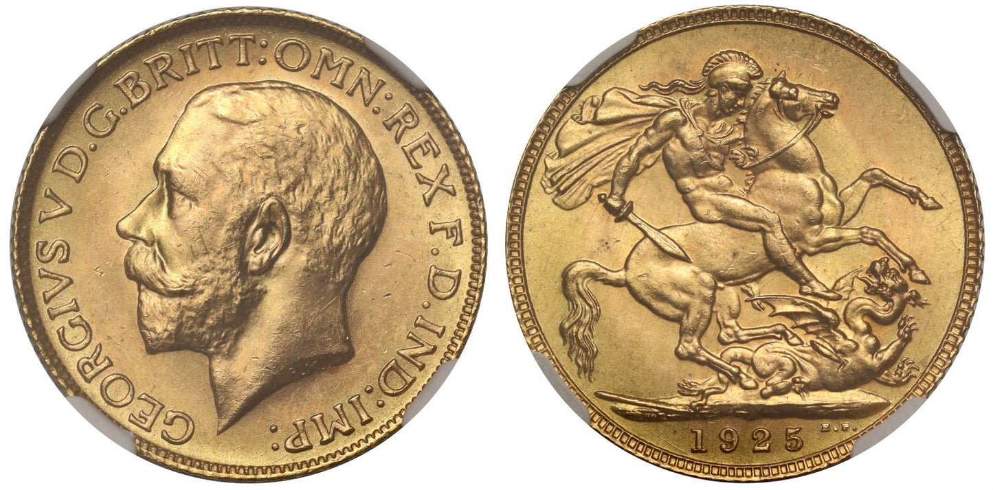 George V 1925 Sovereign, last issue from London in this reign NGC MS65