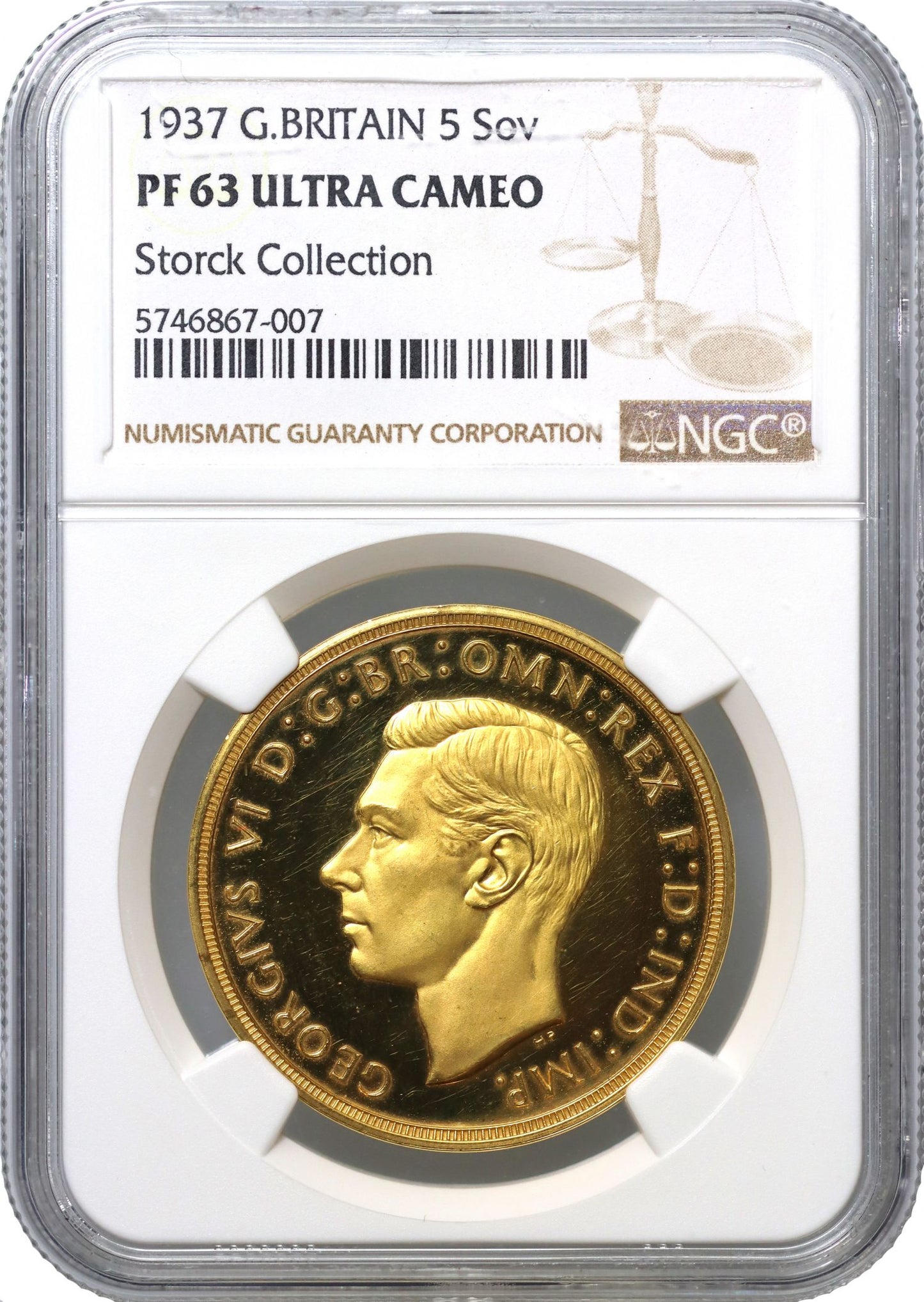 George VI 1937 proof Five-Pounds PF63 UCAM, one of 5,501 struck