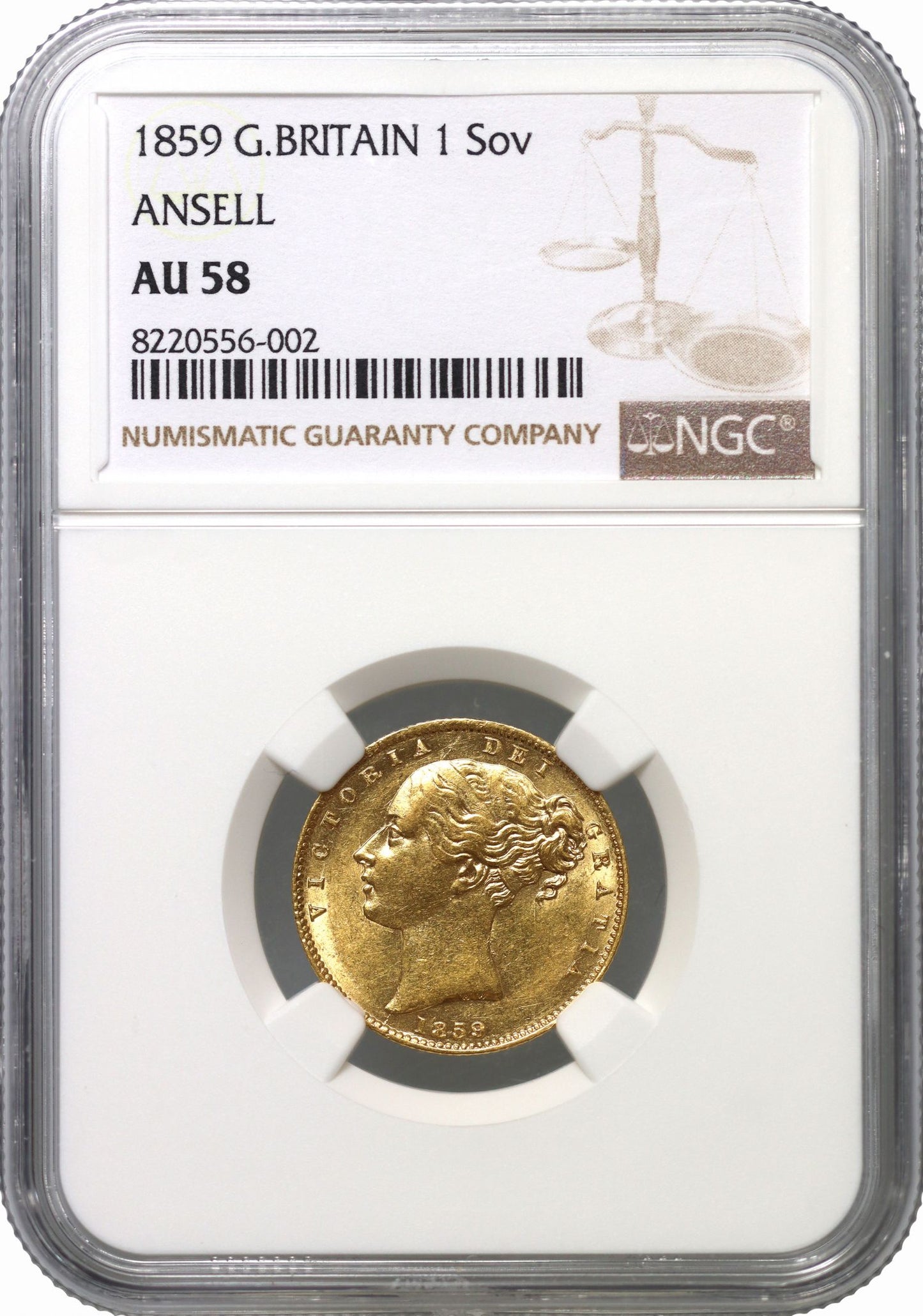 Victoria 1859 'Ansell' Sovereign, R2, AU58, with extra line on fillet in hair