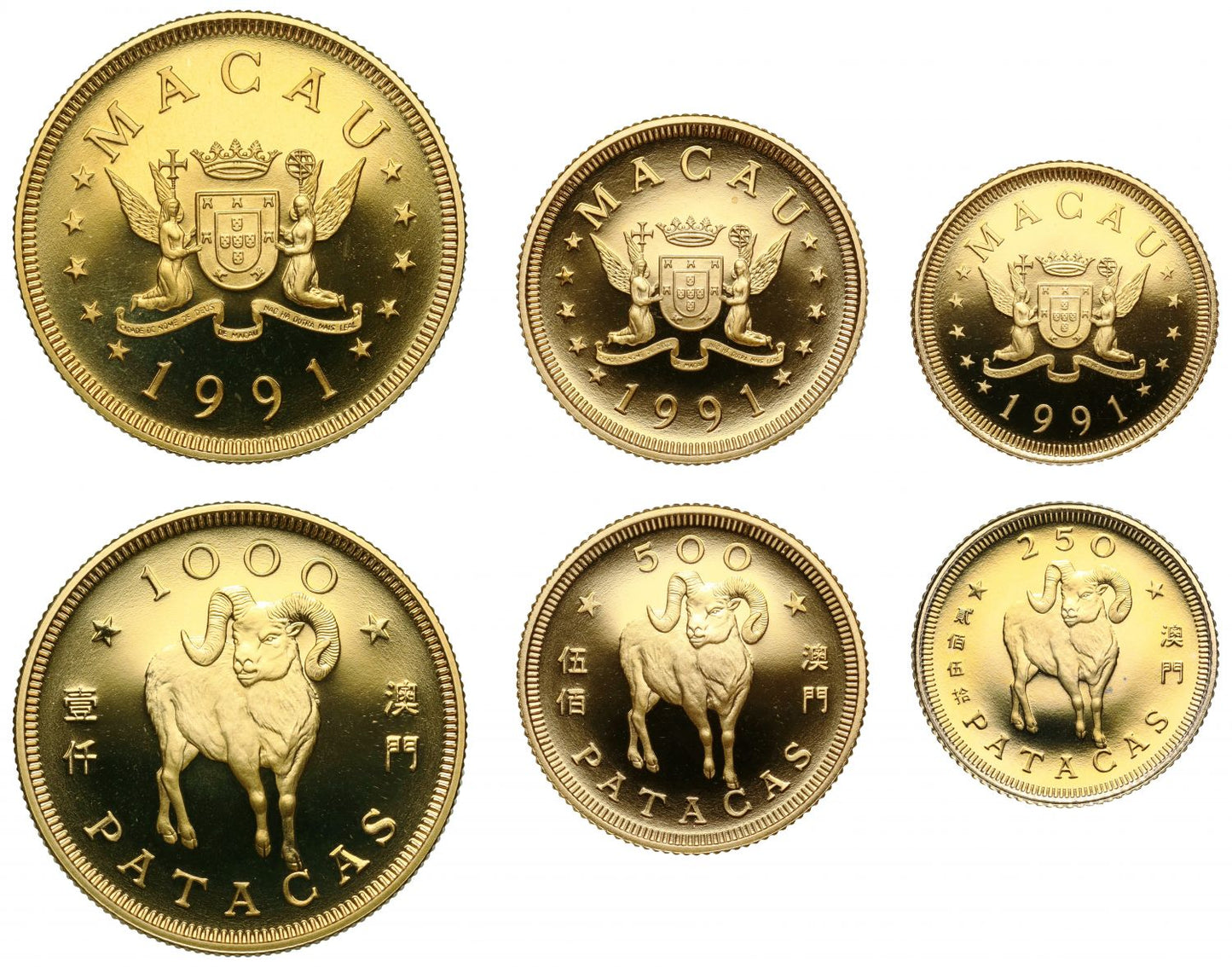 Macau, Year of the Goat, 1991, 3-Coin Gold Proof Set.