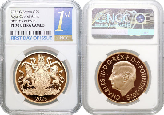 * Charles III 2025 PF70 UC FDI Five-Pounds Coat of Arms