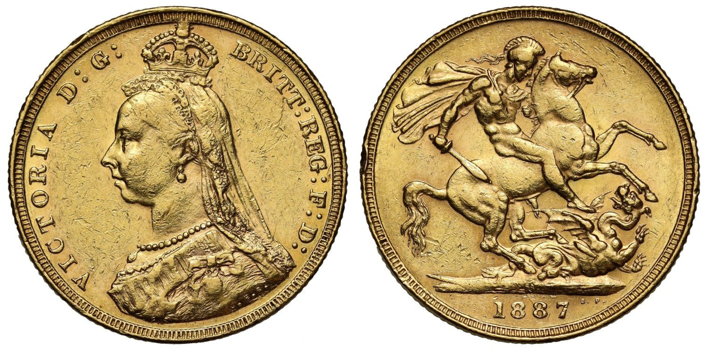 Victoria 1887-M Sovereign, Melbourne Mint, DISH M1, hooked J