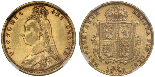 Victoria 1891 Half-Sovereign, extremely rare high shield, NGC XF45