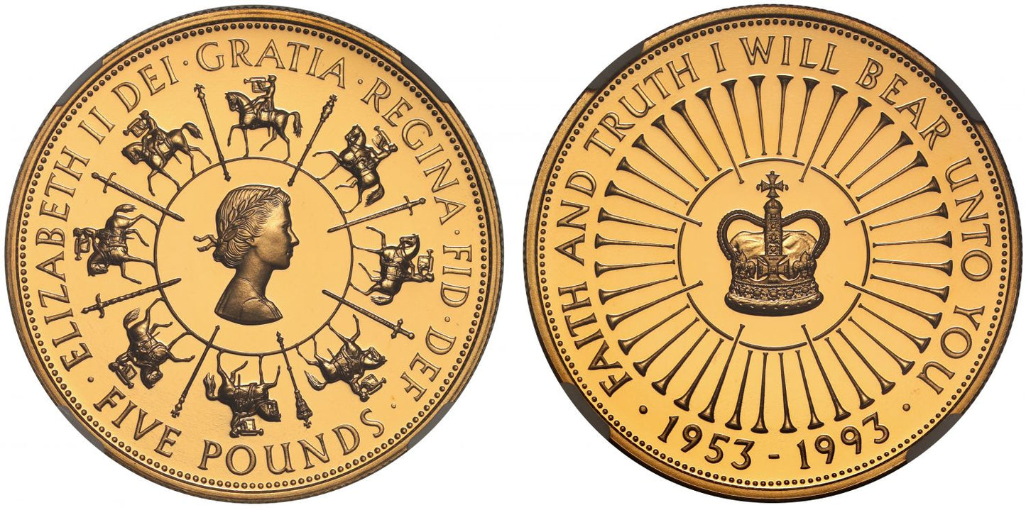 Elizabeth II 1993 gold PF70 UC Five-Pounds Coronation Anniversary