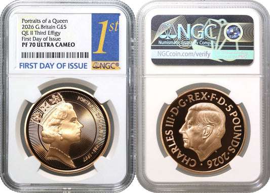 * Charles III 2026 gold PF70 FDI £5 QEII Third Effigy