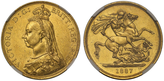 Victoria 1887 Two-Pounds, MS60, rarest currency issue with proof obverse die