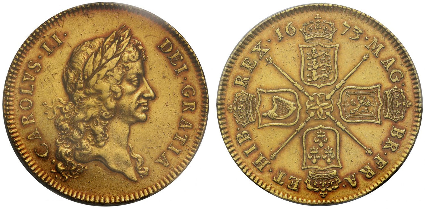 Charles II 1673 Five-Guineas, first bust, PCGS AU50