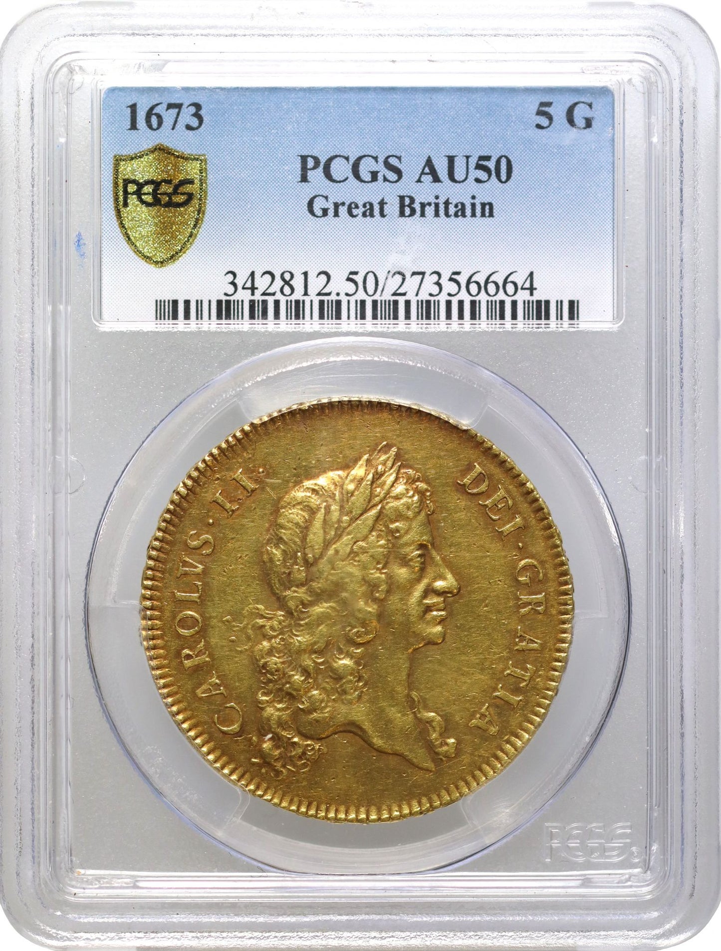 Charles II 1673 Five-Guineas, first bust, PCGS AU50