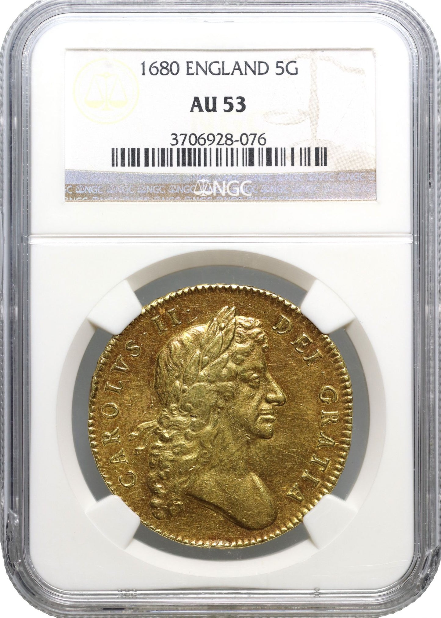 Charles II 1680 Five-Guineas, 80 over 79, NGC AU53