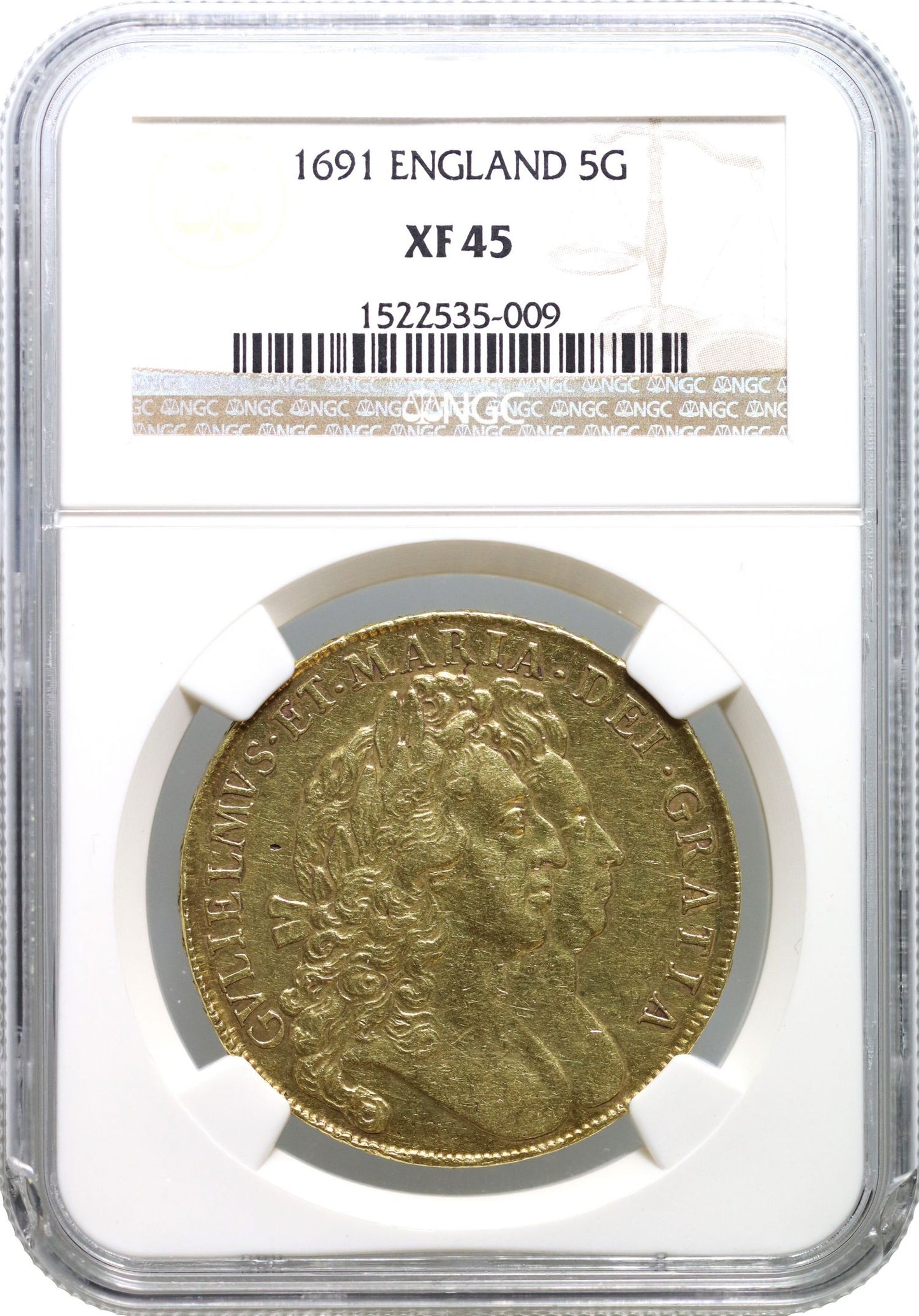 William and Mary 1691 Five-Guineas, NGC XF45