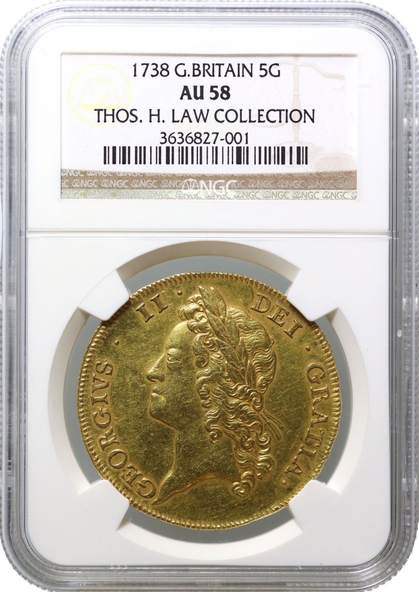 George II 1738 Five-Guineas, young bust, AU58, ex Law