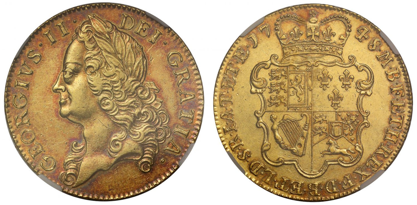 George II 1748 Five-Guineas, older head, NGC AU55