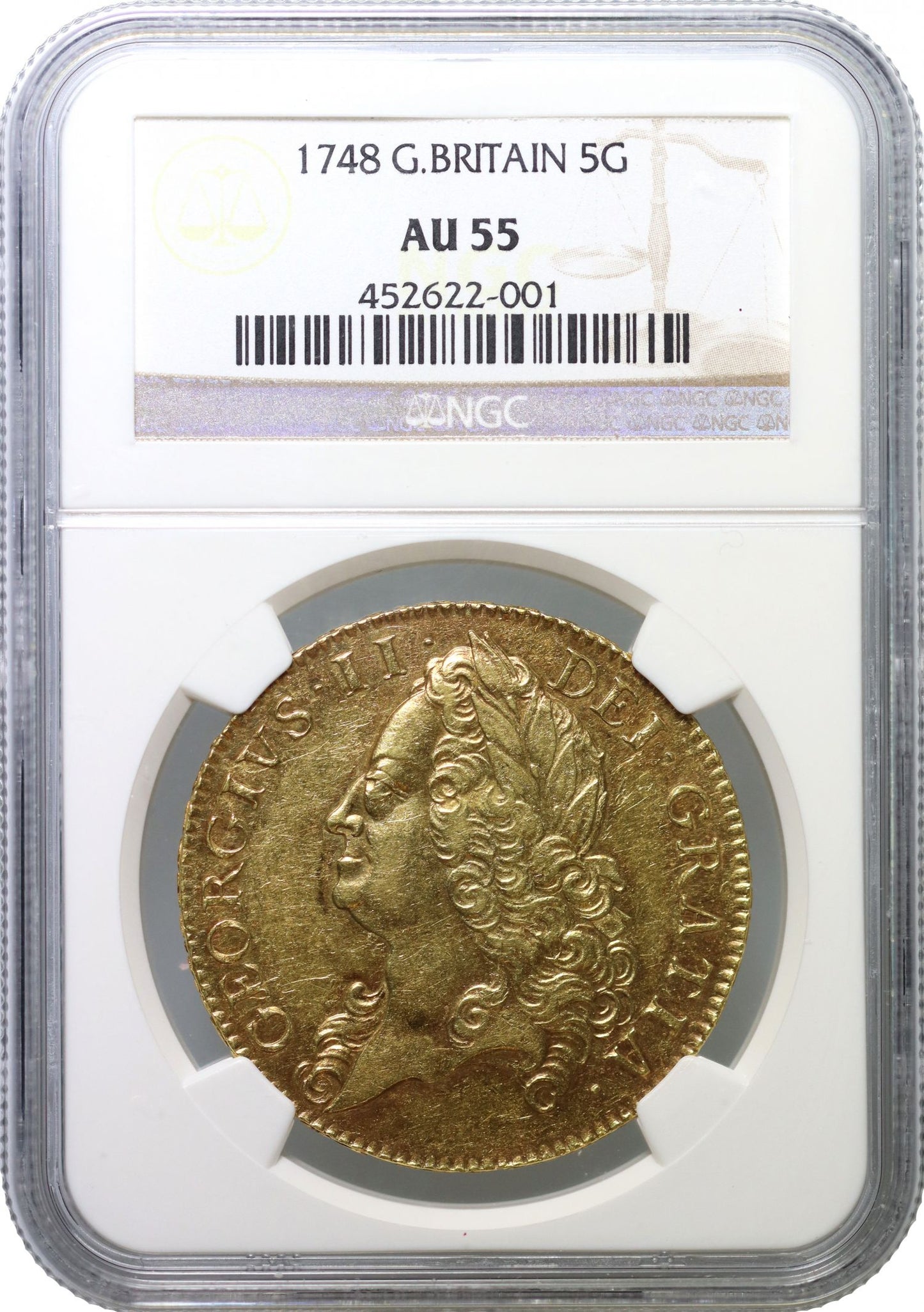 George II 1748 Five-Guineas, older head, NGC AU55