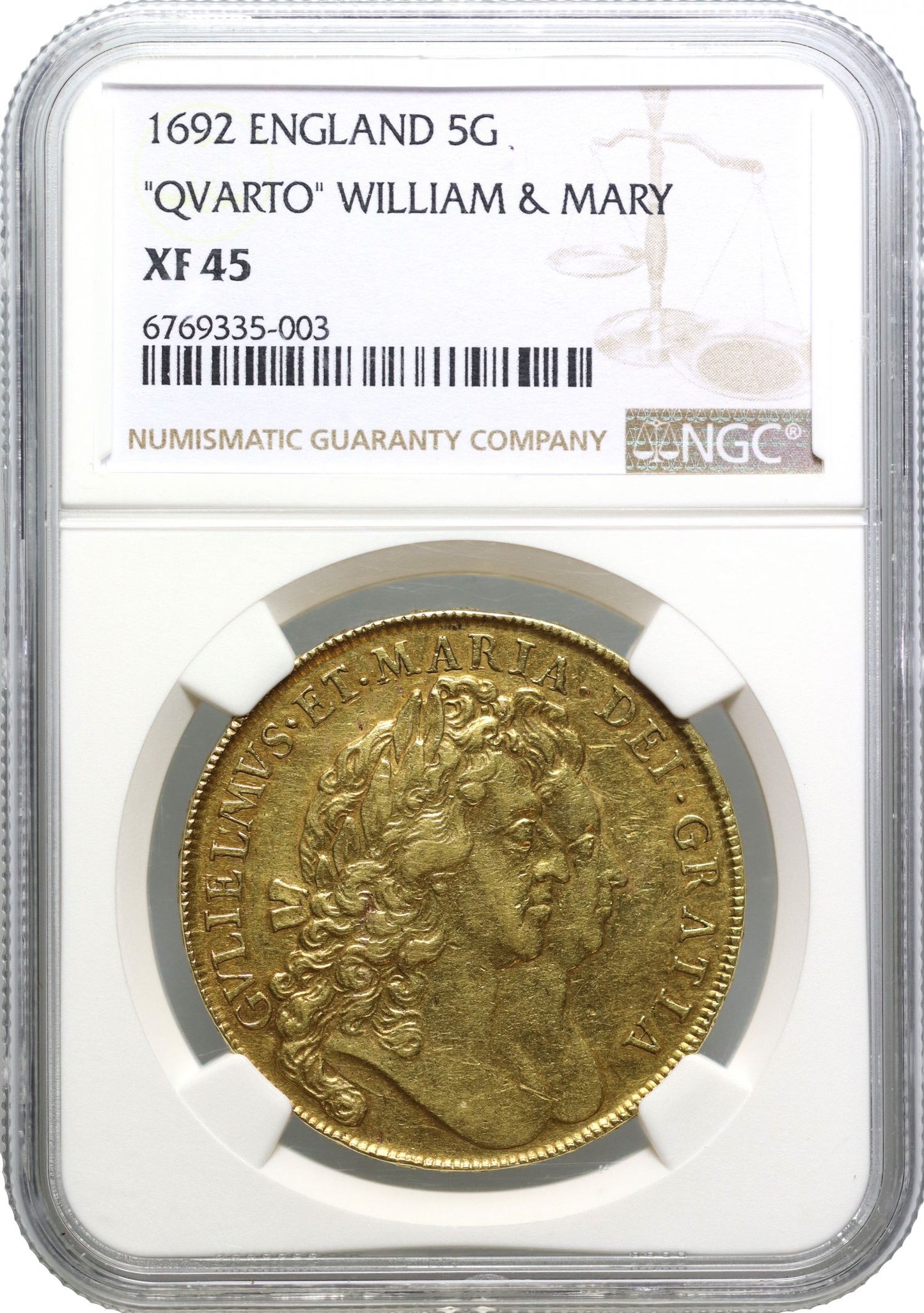William and Mary 1692 Five-Guineas, XF45