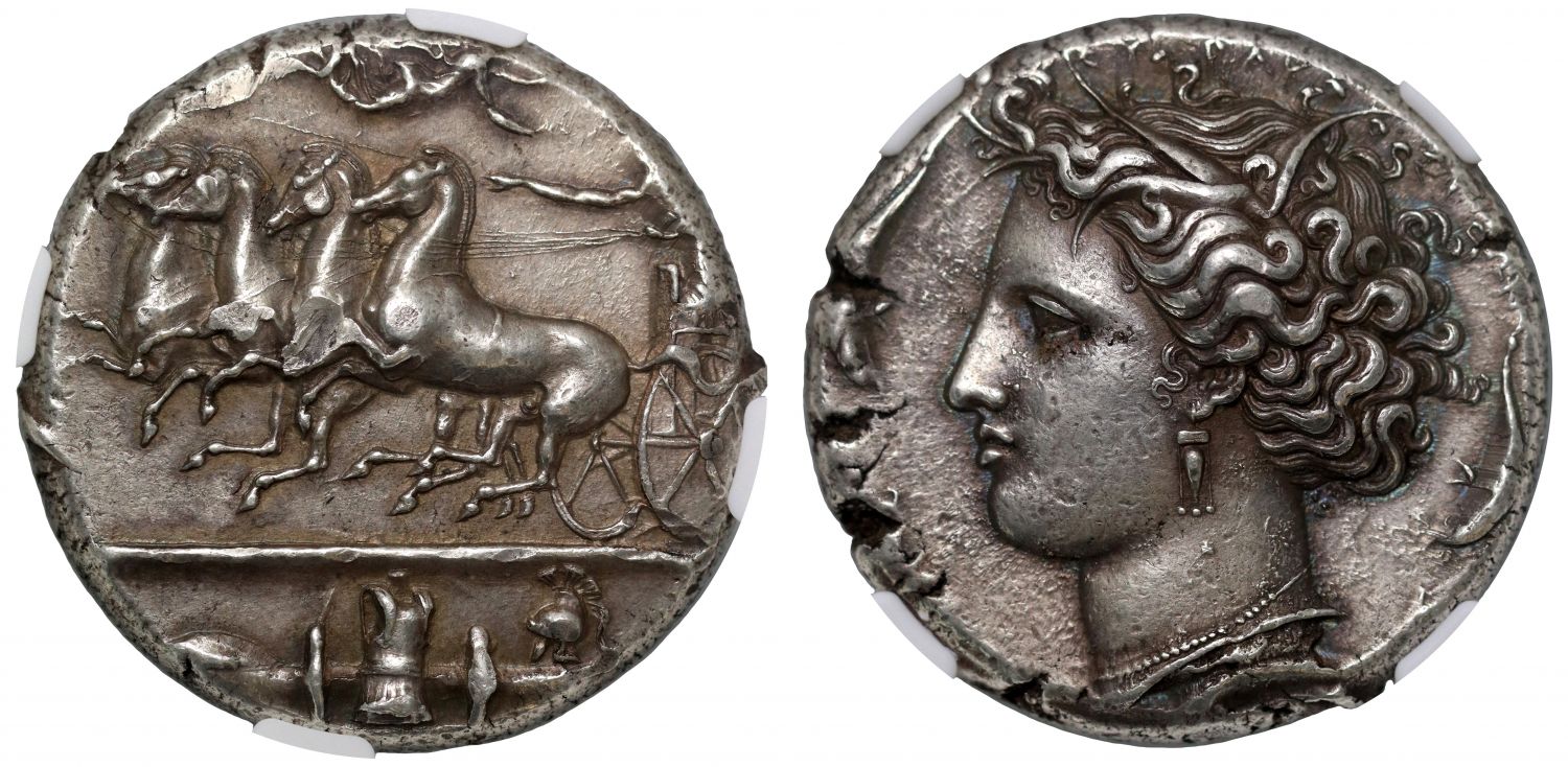 Ch XF 4/5-2/5 | Sicily, Syracuse, Silver Dekadrachm, signed dies by Euainetos Ch XF 4/5-2/5 | Sicily, Syracuse, Silver Dekadrachm, signed dies by Euainetos