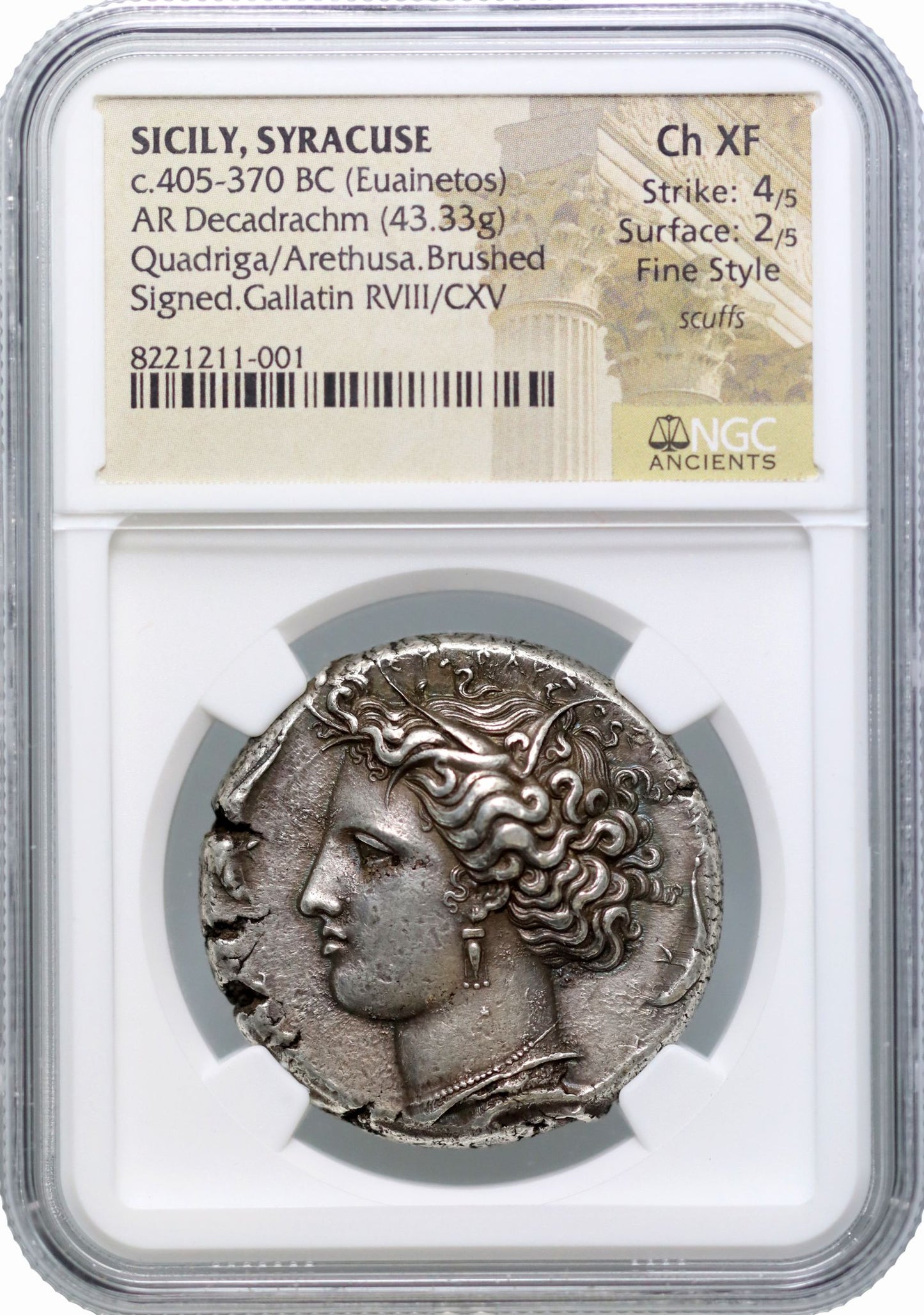 Ch XF 4/5-2/5 | Sicily, Syracuse, Silver Dekadrachm, signed dies by Euainetos