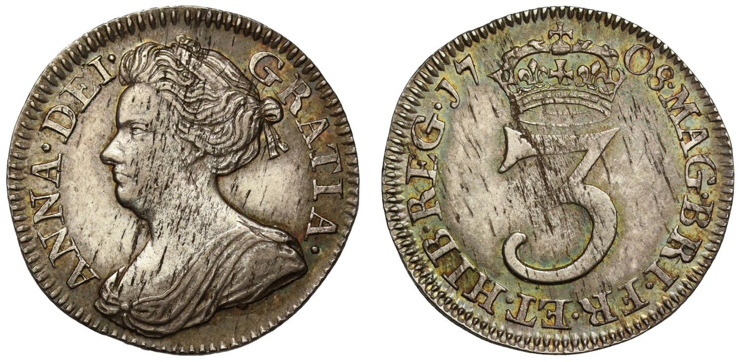 Anne 1708 silver Threepence, third bust
