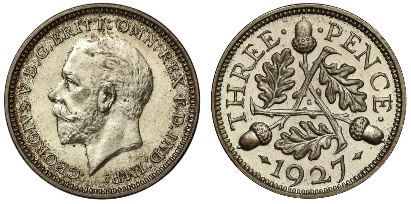 George V 1927 silver proof Threepence, acorns reverse