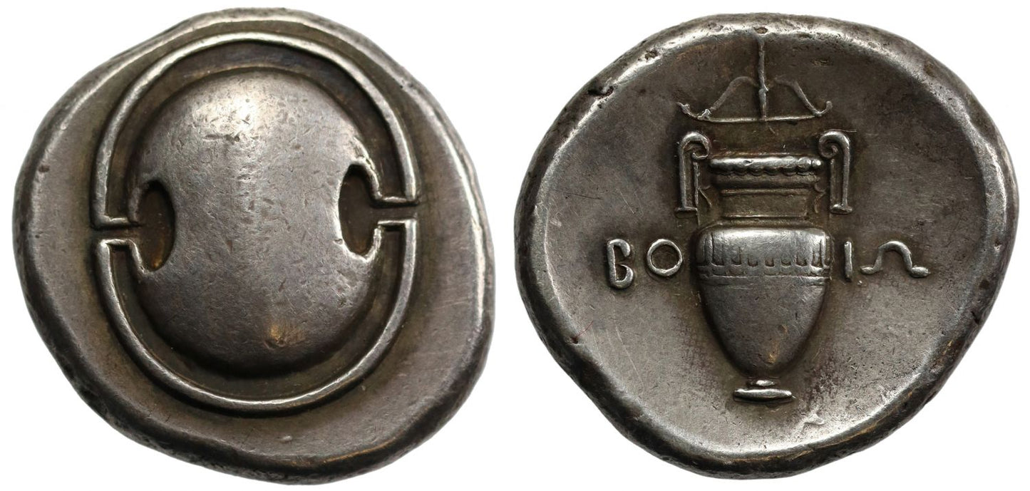 Boeotia, Federal Coinage, Silver Stater, c. 395-387 BC, with bow and arrow above amphora.