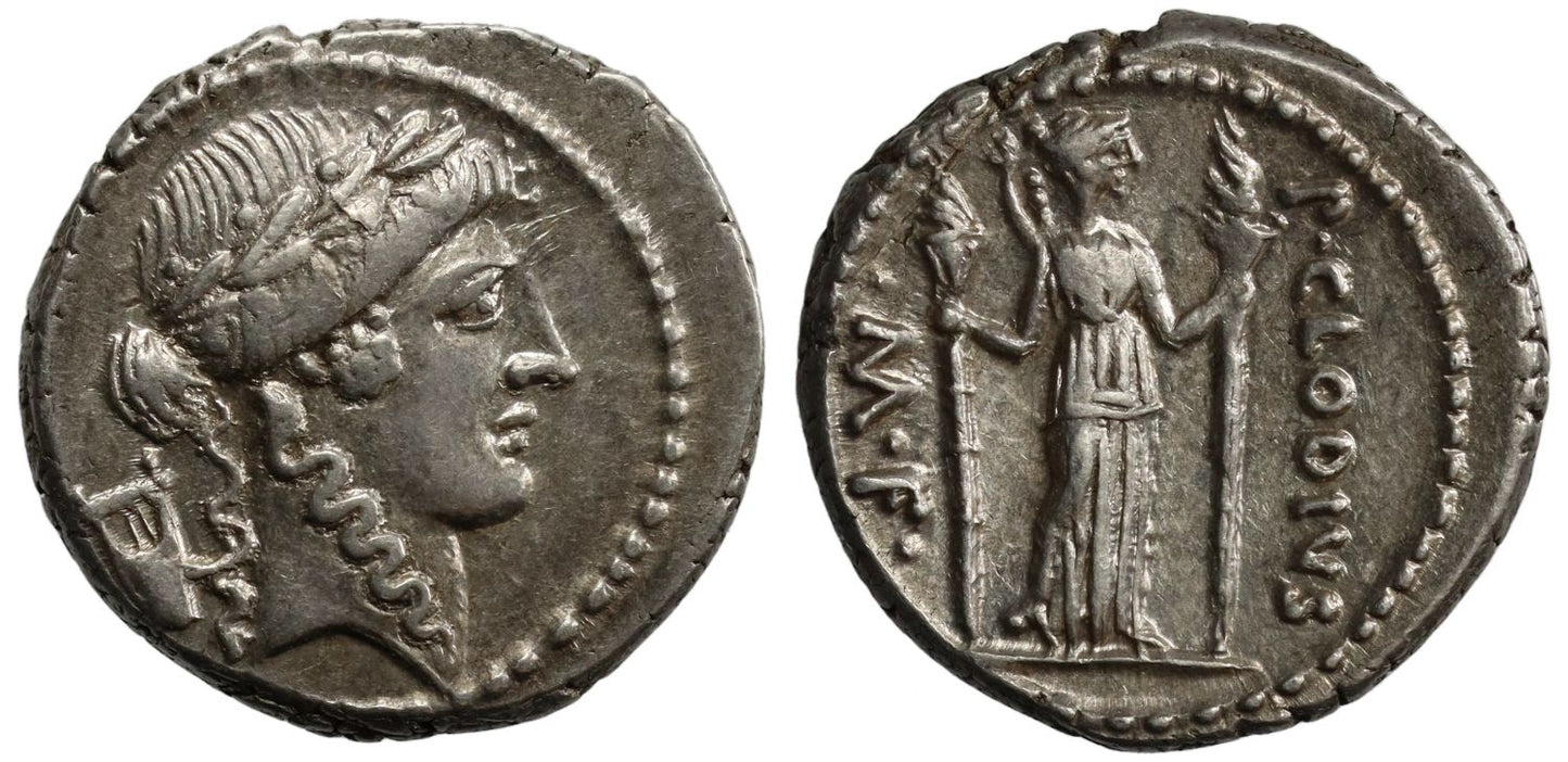 P. CLODIVS M.F IIIVIR A.P.F., silver Denarius, Rome, 42 BC.