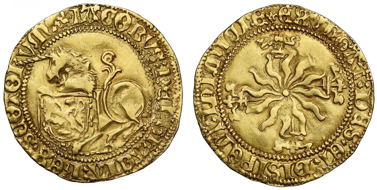 Scotland, James IV gold Unicorn, type 1, 3 lis crown, full obverse reading
