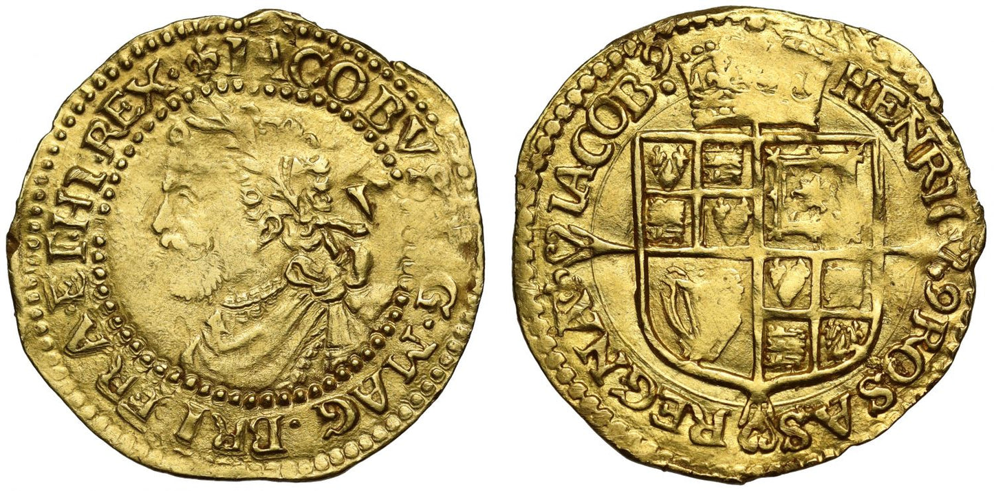 James I gold Quarter-Laurel, 3rd coinage, bust with straight ties, mm lis