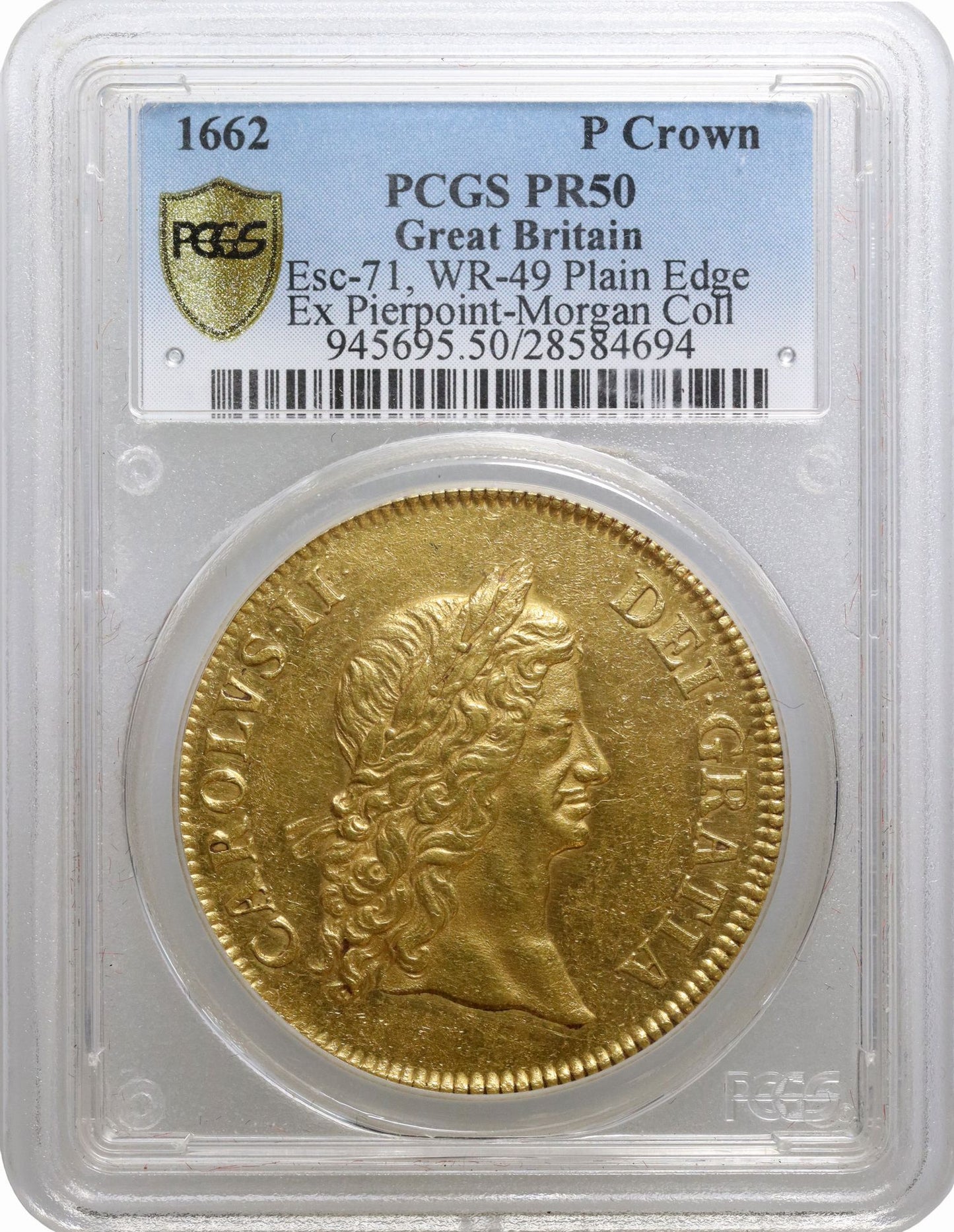 Charles II 1662 gold pattern Crown, plain edge by Roettier, 4 known, PR50