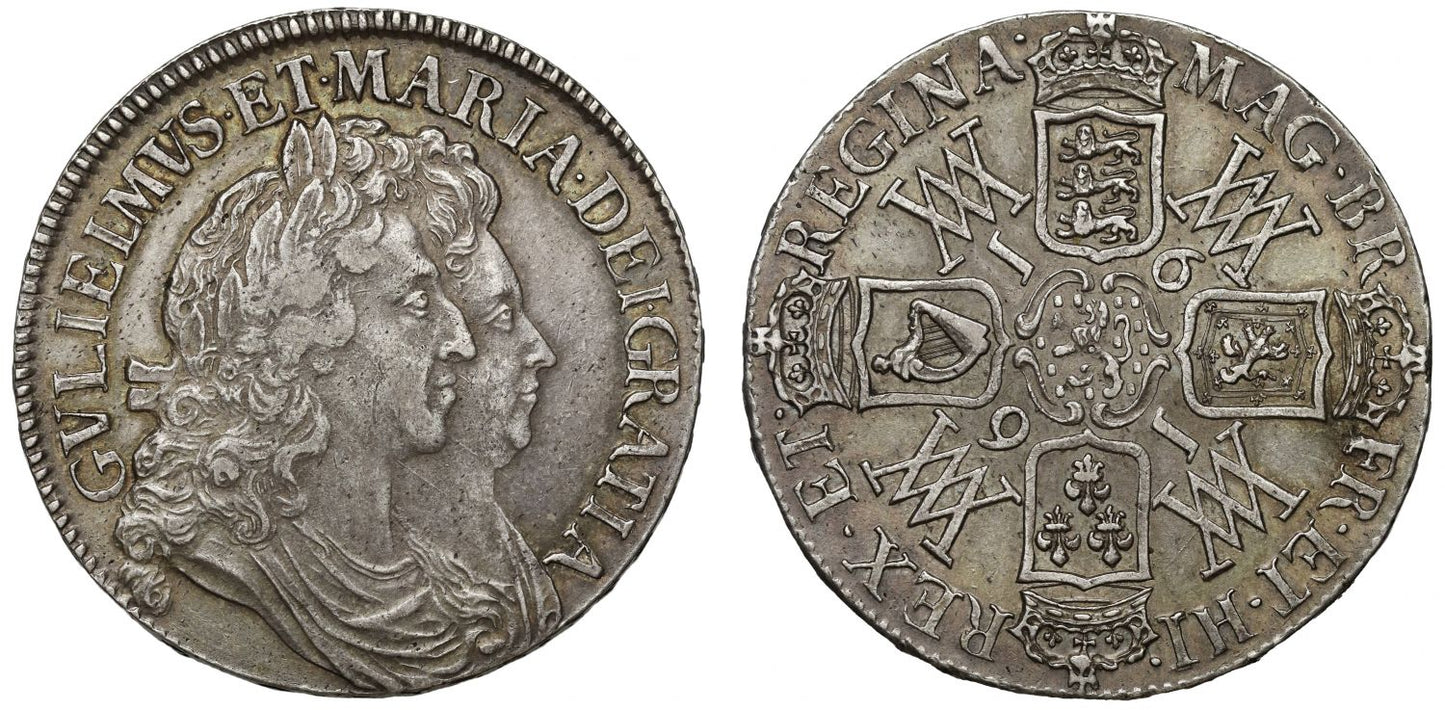 William & Mary 1691 Crown, edge year TERTIO, NGC AU50 low silver output