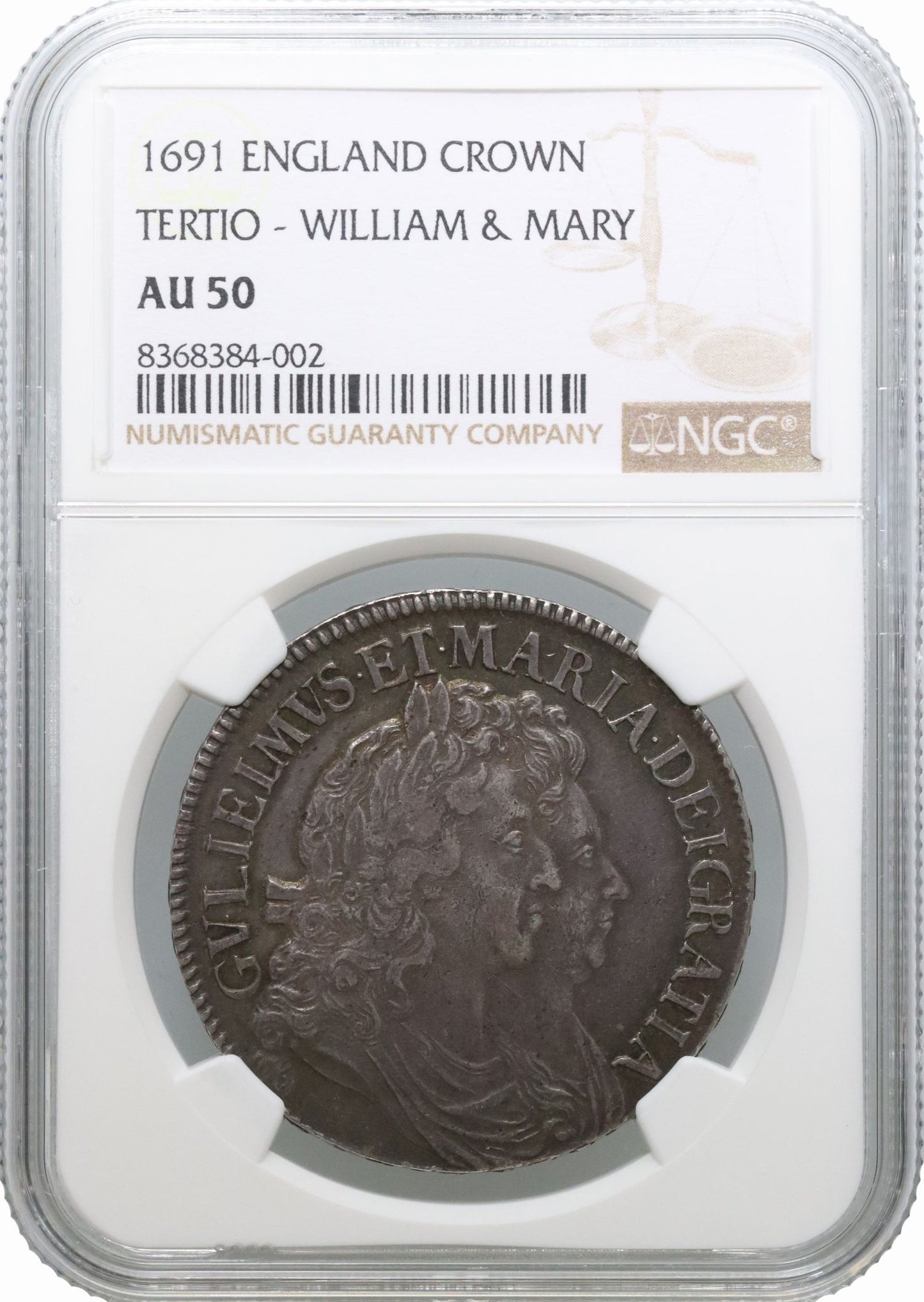 William & Mary 1691 Crown, edge year TERTIO, NGC AU50 low silver output