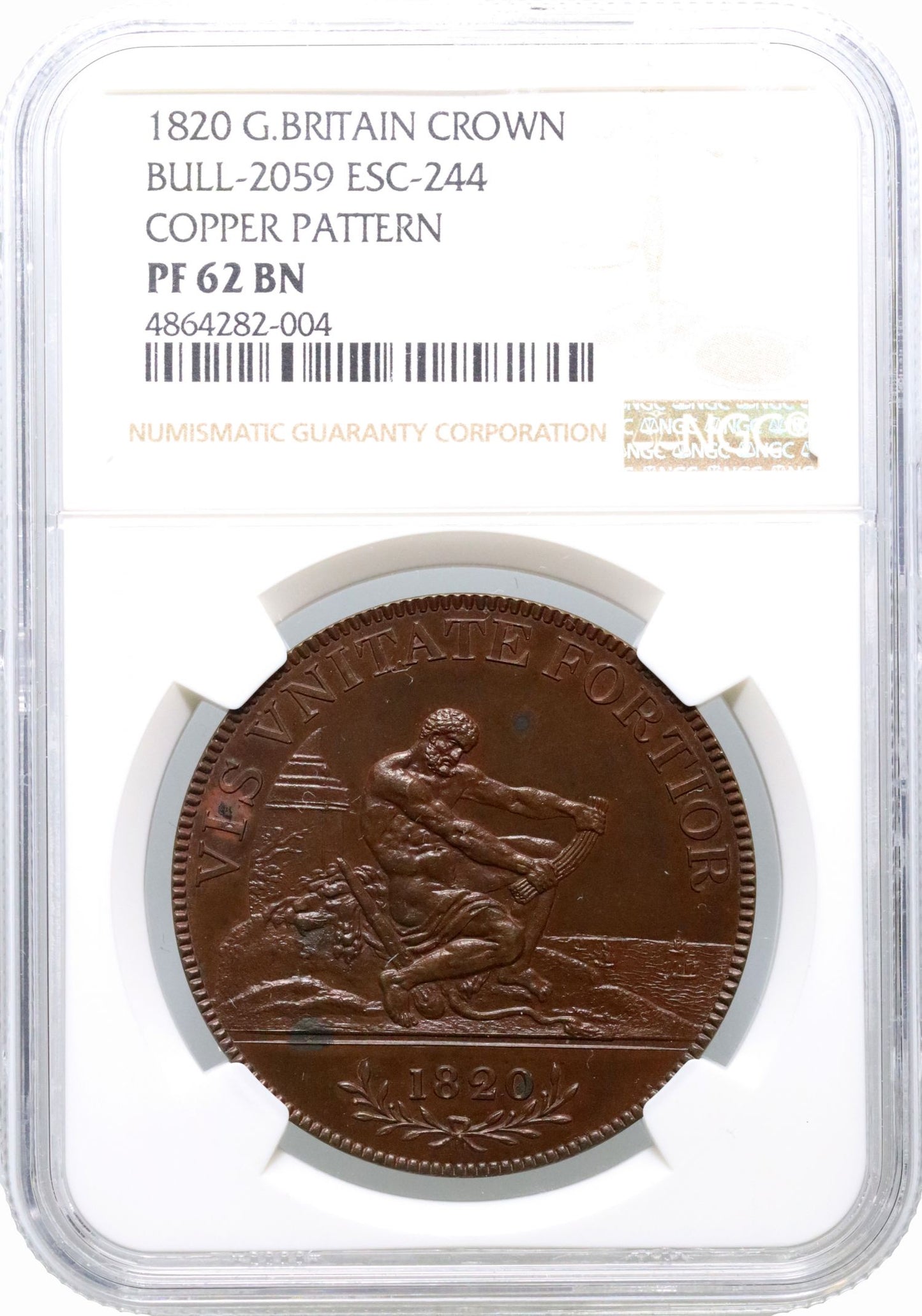 George III 1820 copper pattern Crown, PF62 BN, engraved by J.P. Droz