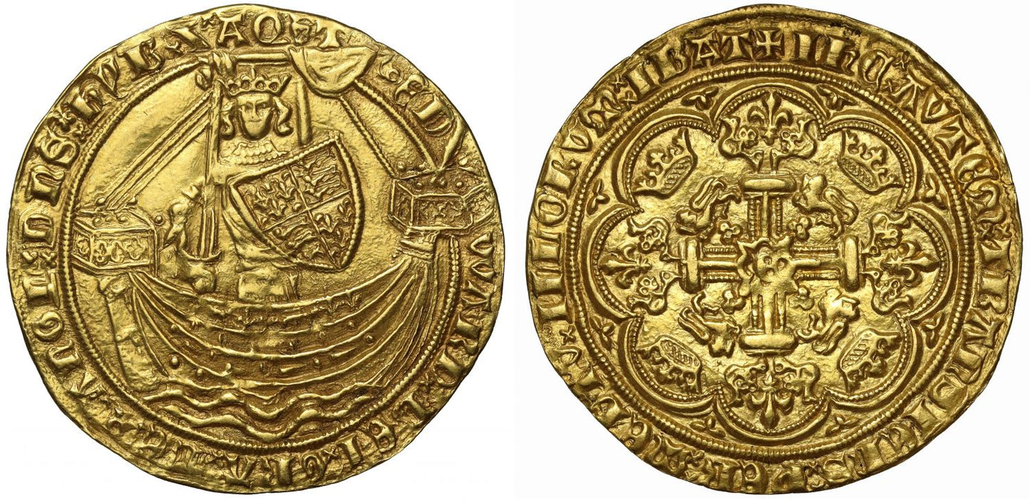Edward III Noble, Treaty period, annulet before E, last A barred in legend both sides