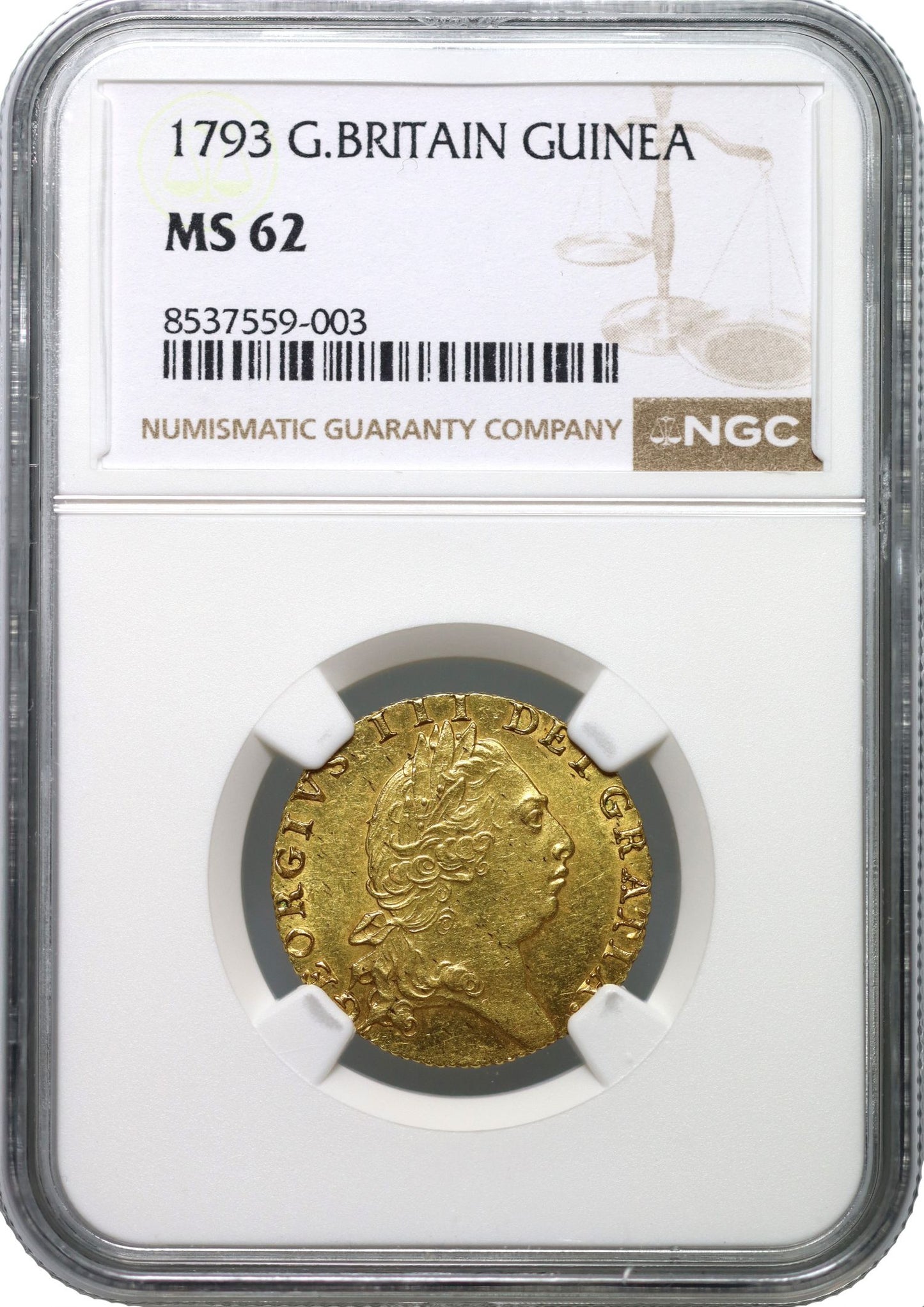 George III 1793 Guinea, MS62, 5th bust, spade reverse