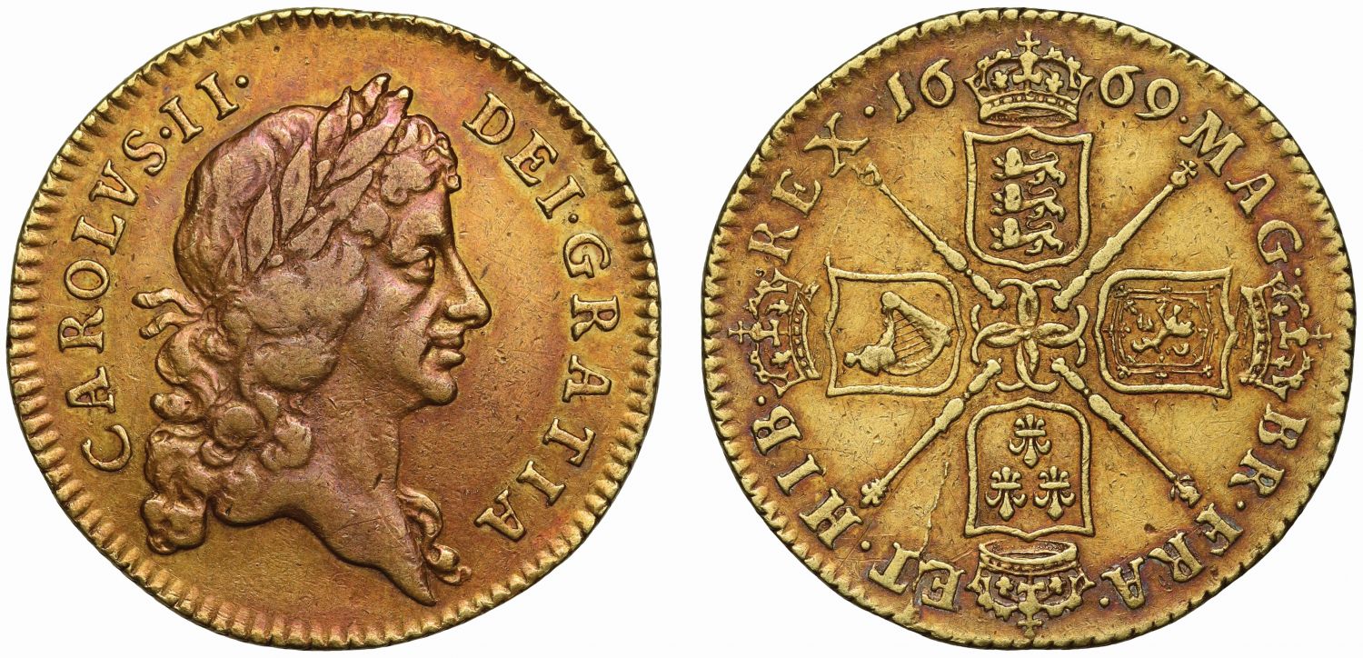 Charles II 1669 Guinea, third laureate bust, very rare date