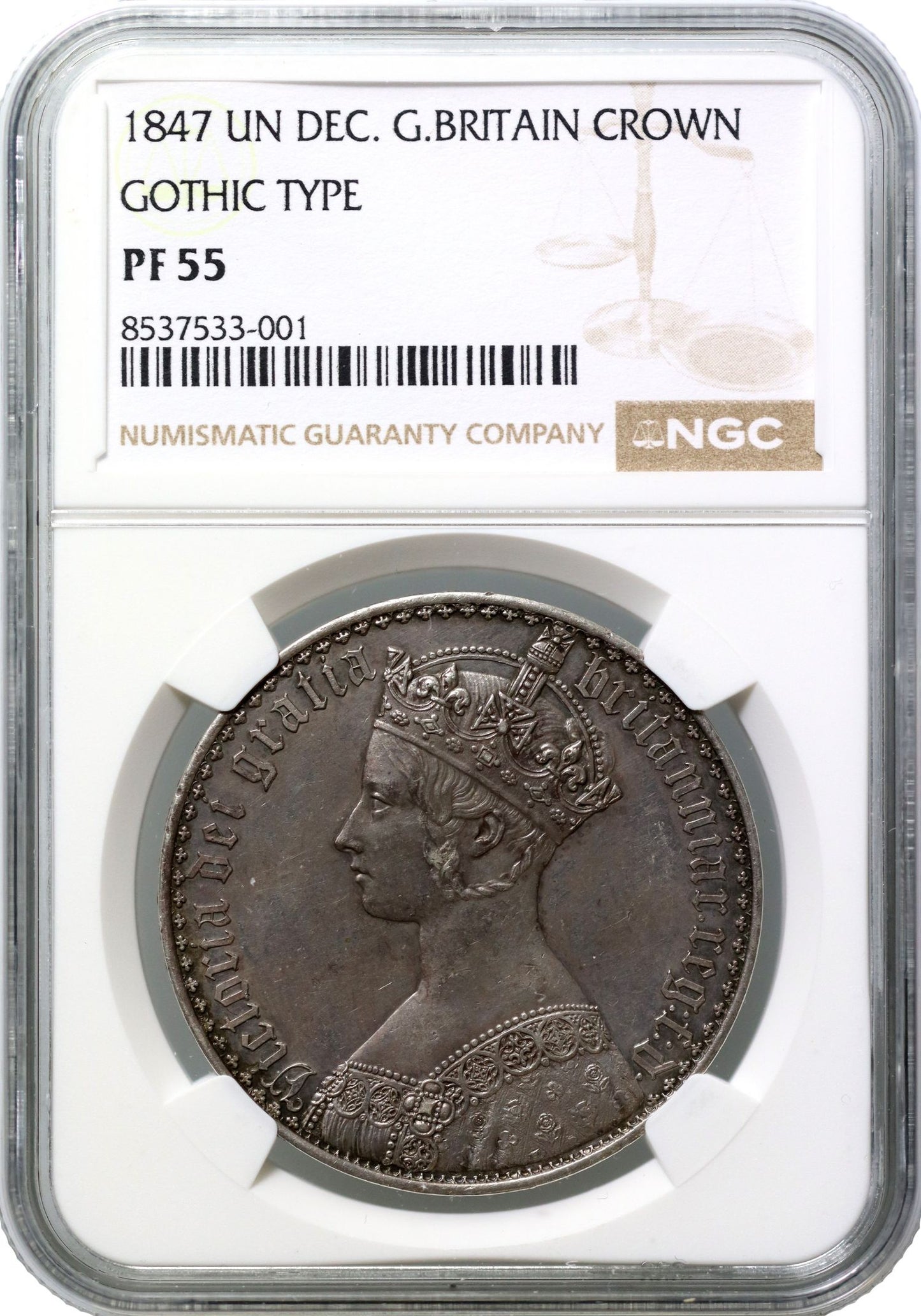 Victoria 1847 Gothic Crown, Undecimo edge lettering, NGC PF55