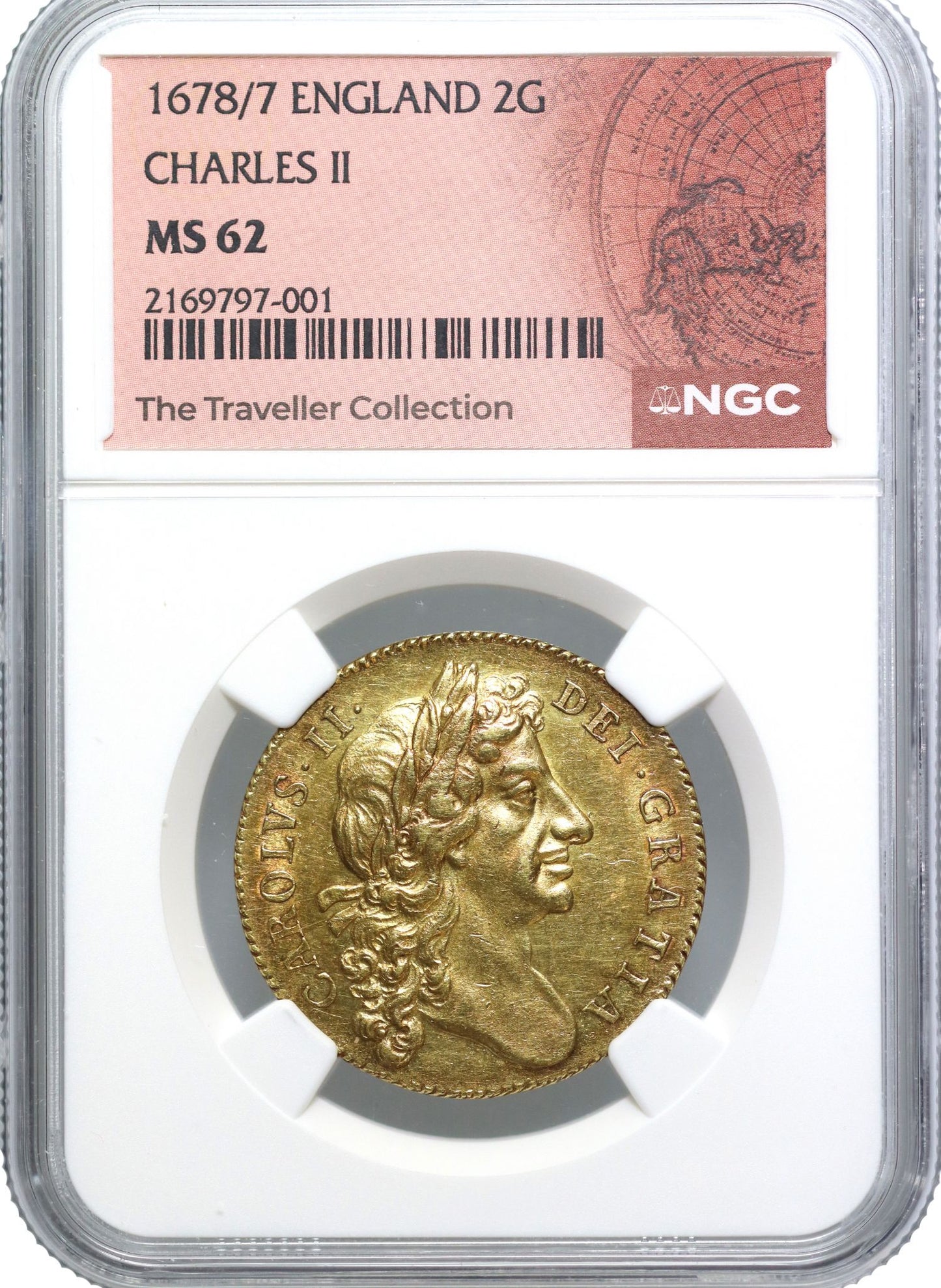 Charles II 1678 Two-Guineas 8 over 7, rare overdate NGC MS62