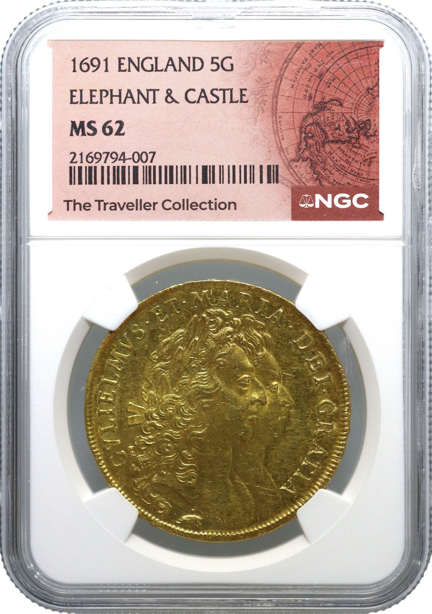 William and Mary 1691 Five-Guineas Elephant & Castle NGC MS62 finest graded