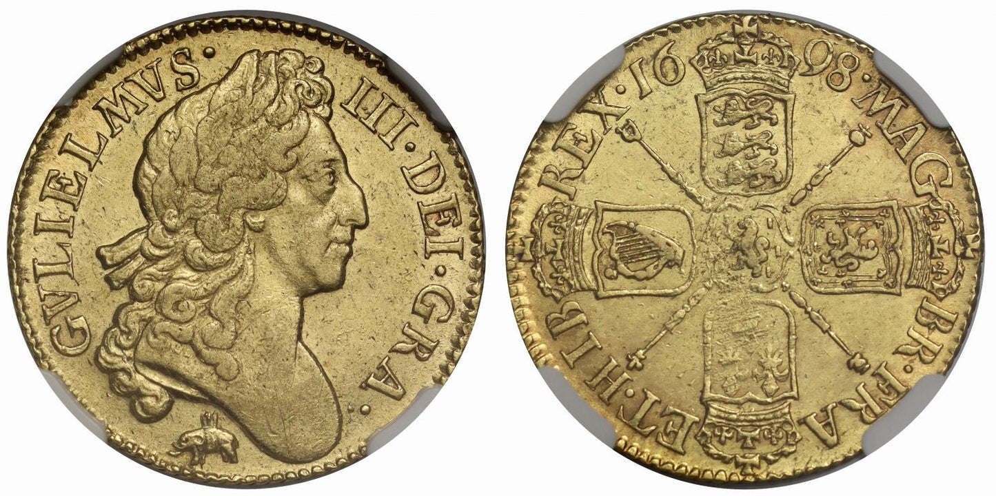 William III 1698 Guinea Elephant and Castle AU53, second finest graded