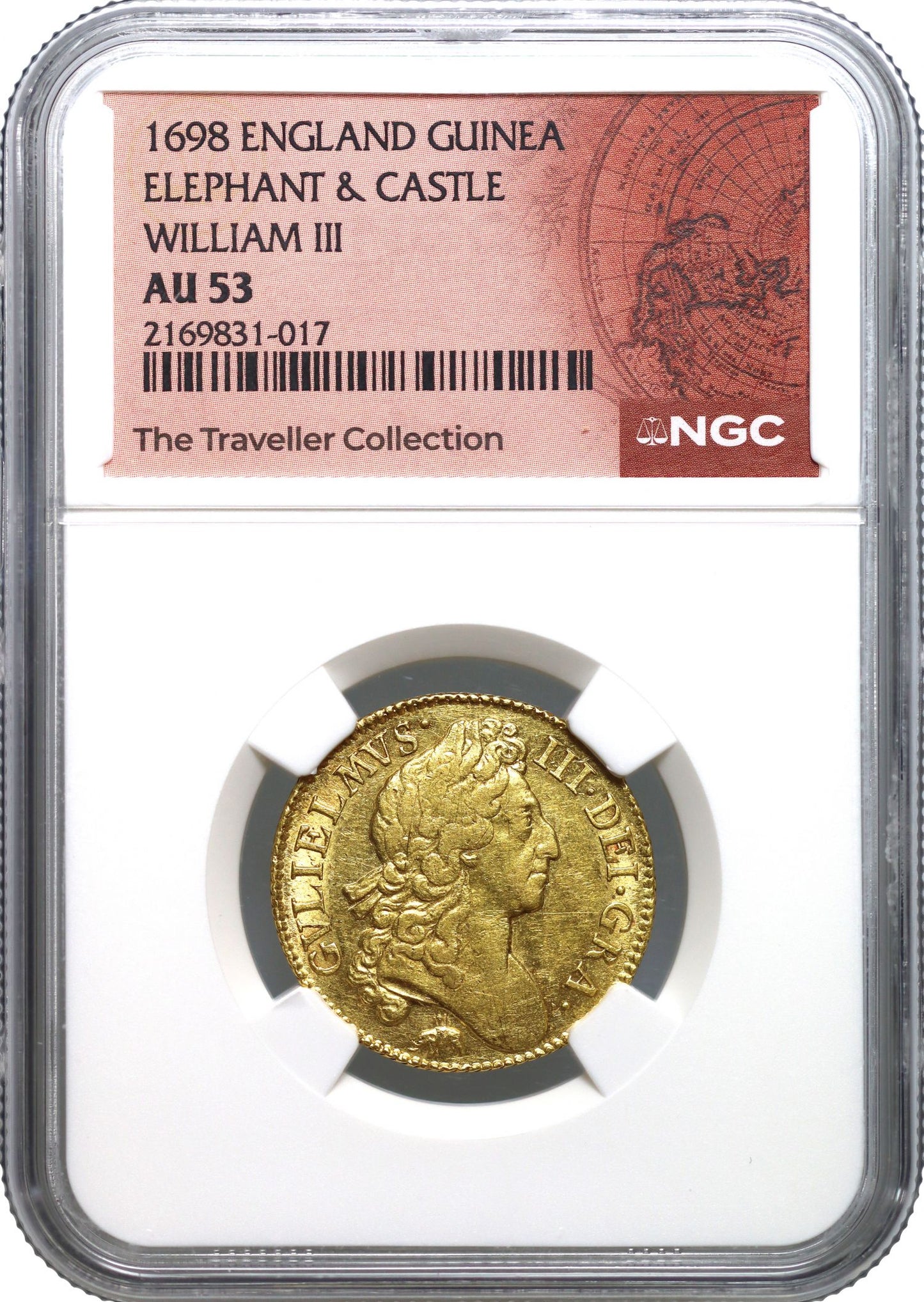 William III 1698 Guinea Elephant and Castle AU53, second finest graded