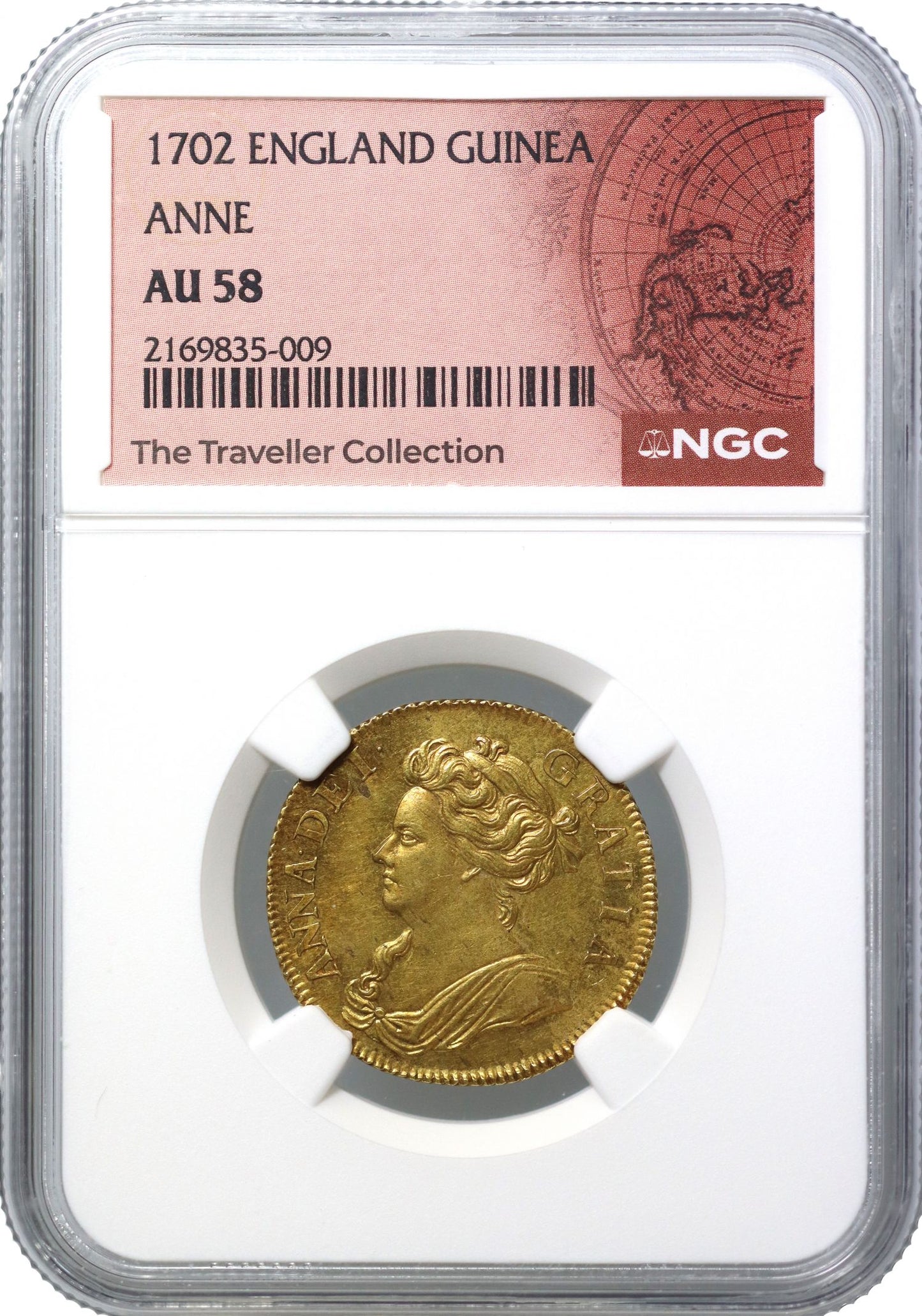 Anne 1702 Guinea, Pre-Union with Scotland first date, NGC AU58 ex Newcomer