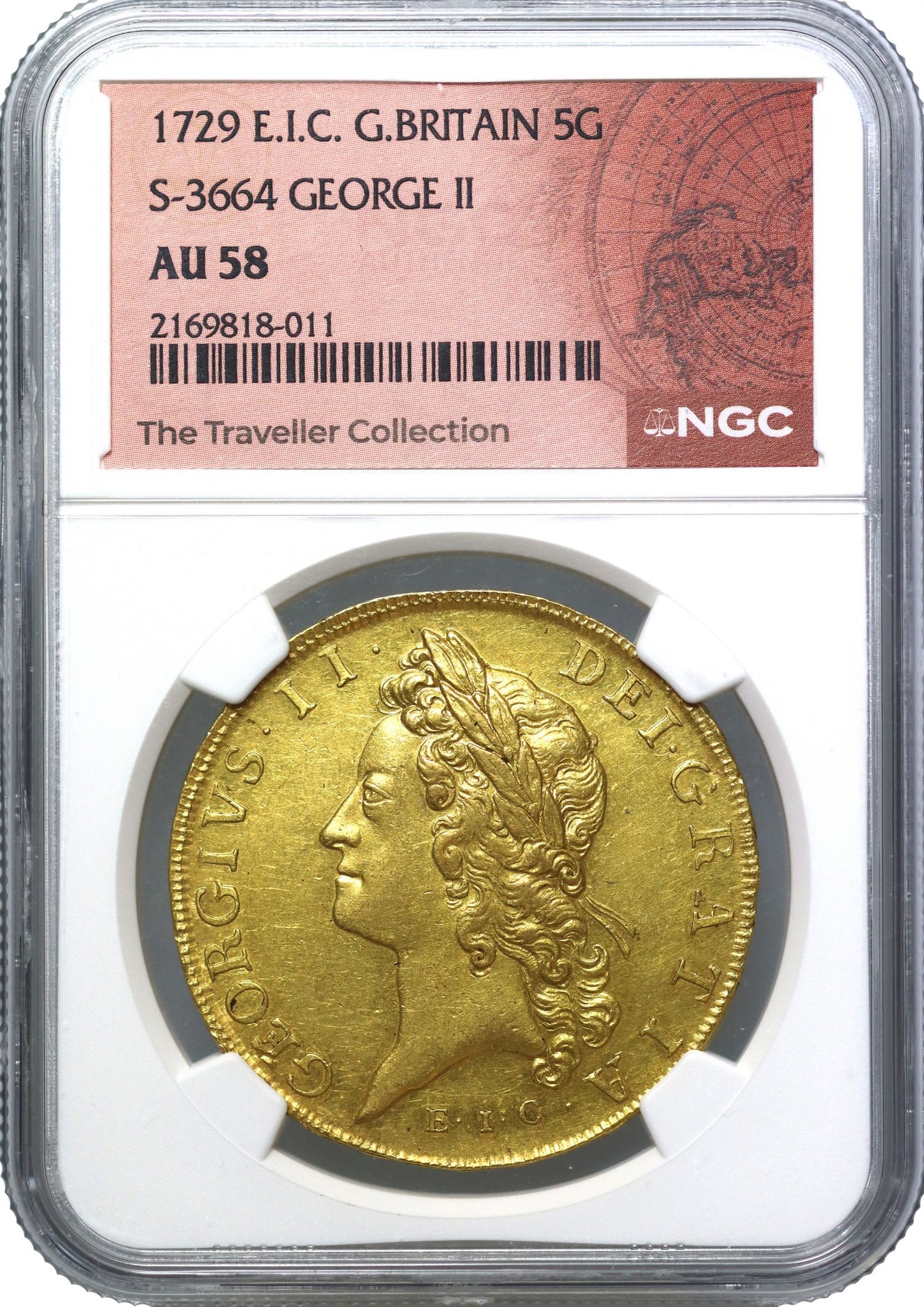 George II 1729 EIC Five-Guineas, East India Company gold NGC AU58